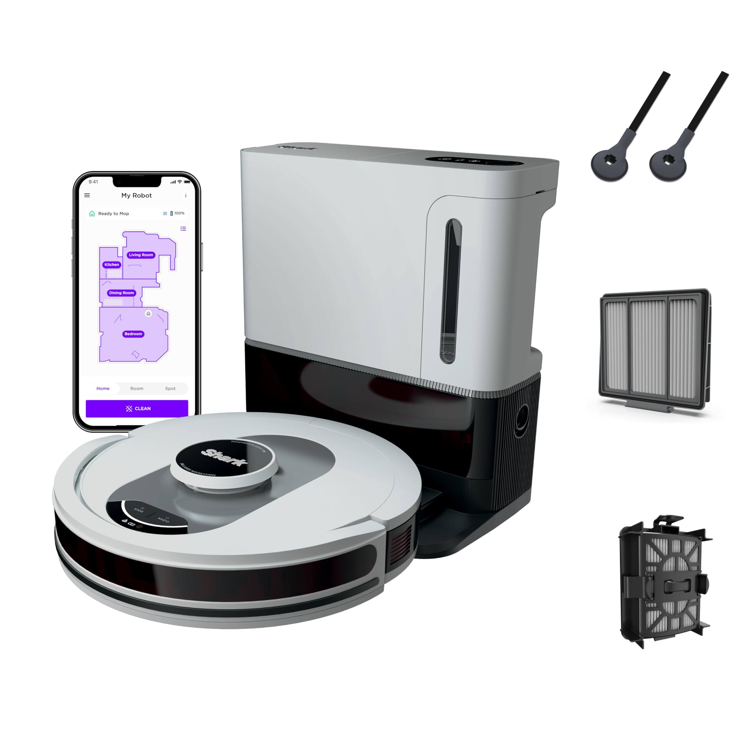 مكناس روبوت Shark AI Ultra بالتحكم الصوتي مع نظام Matrix Clean للملاحة، ورسم خرائط المنزل، وسعة 60 يومًا، وقاعدة تفريغ ذاتي XL للمنازل التي بها حيوانات أليفة، والسجاد والأرضيات الصلبة، رمادي بارد