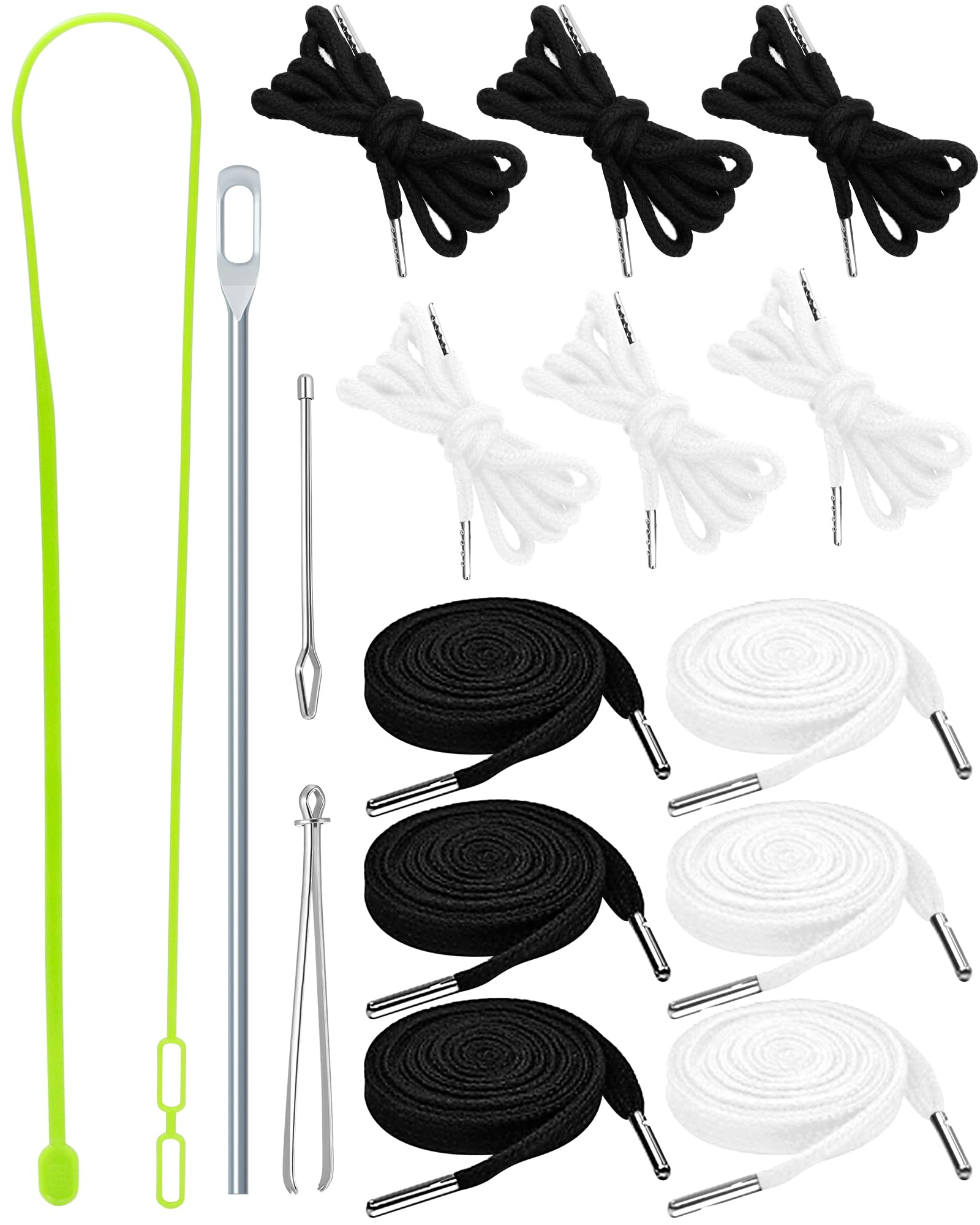 FIVEIZERO 16pcs Drawstring Cord Kit-12pcs Hoodie Strings (Flat & Round,Black & White) with Drawstring Threader Tools,Bodkin,Rope Threader–Draw String Replacement for Pants,Shorts,Shoes,Sweatpants,Bag