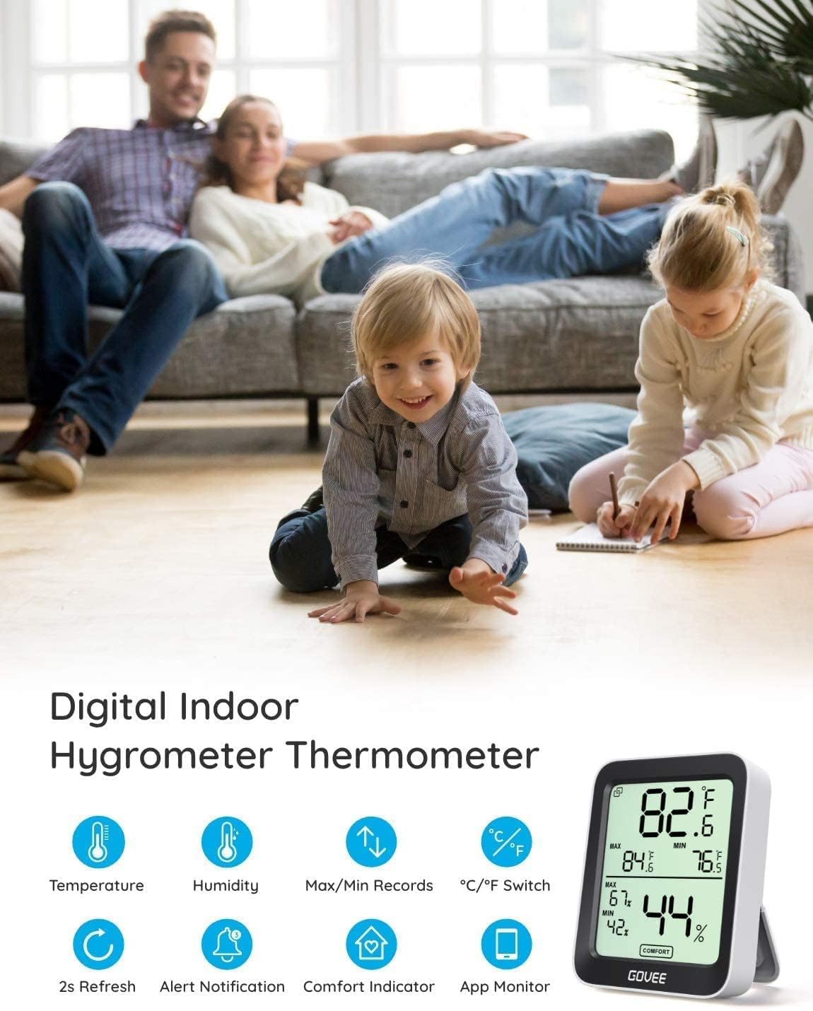 Govee Hygrometer Thermometer H5075, Bluetooth Indoor Room Temperature Monitor Thermometer with Remote App Control, Notification Alerts, 2 Years Data Storage Export(Only Supports 164ft Bluetooth Range)