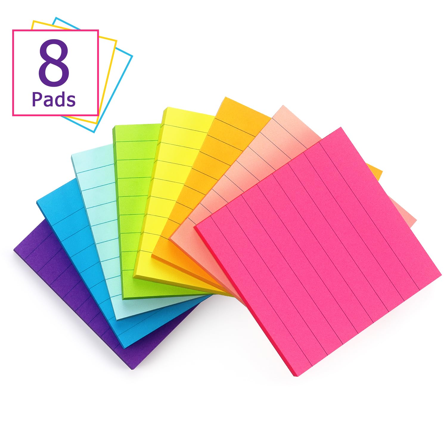 6 Pads Lined Sticky Notes 3x3 Sticky Notes with Lines Self-Stick Note Pads 6 Bright Multi Colors,100 Sheet/Pad