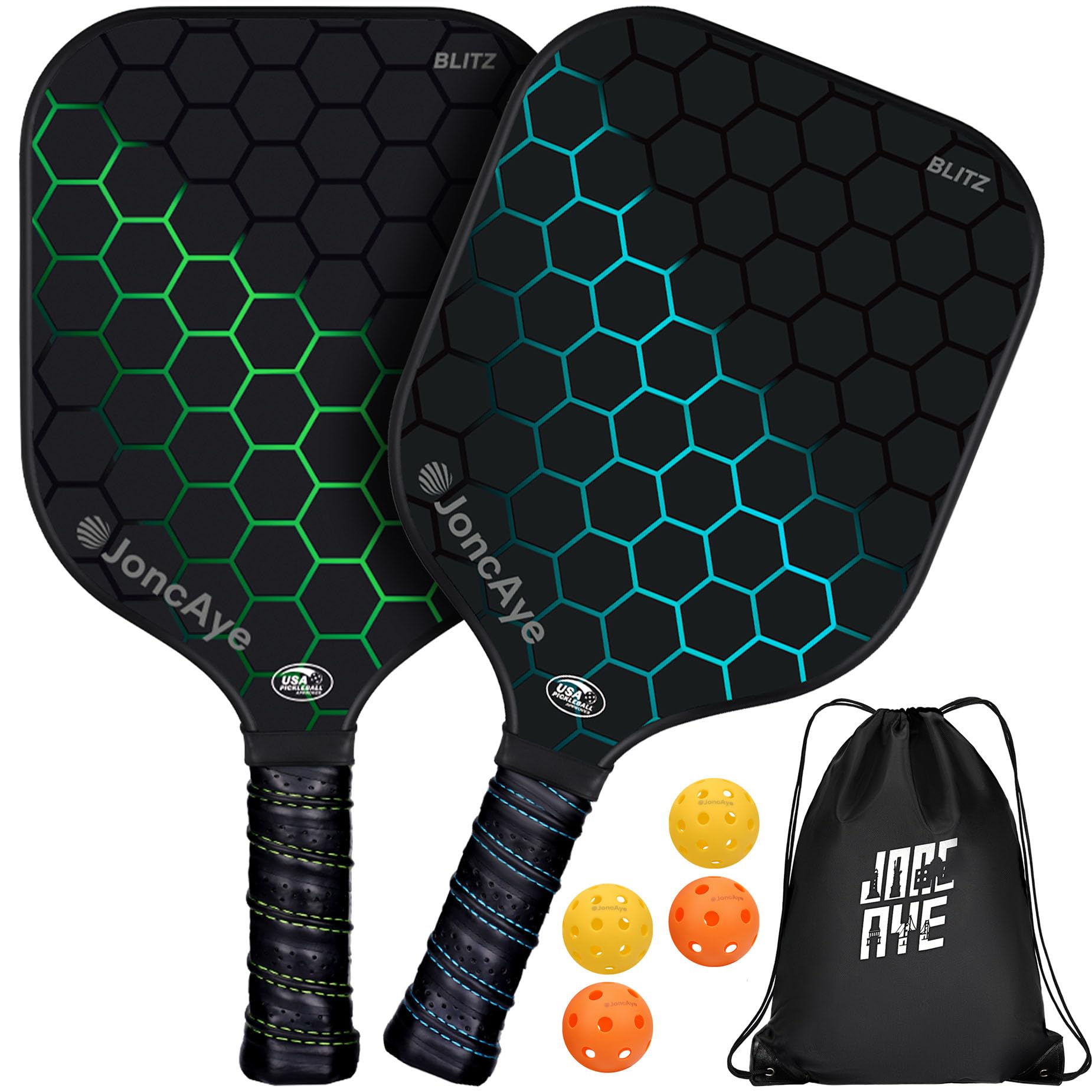 JoncAye Pickleball Racket Set with 2 Fiberglass Paddles and 4 Pickle-Ball Balls, 1 Paddle Bag |USAPA Approved Pickleball Racquets for Adults, Kids, Pickleball Gear w/Accessories