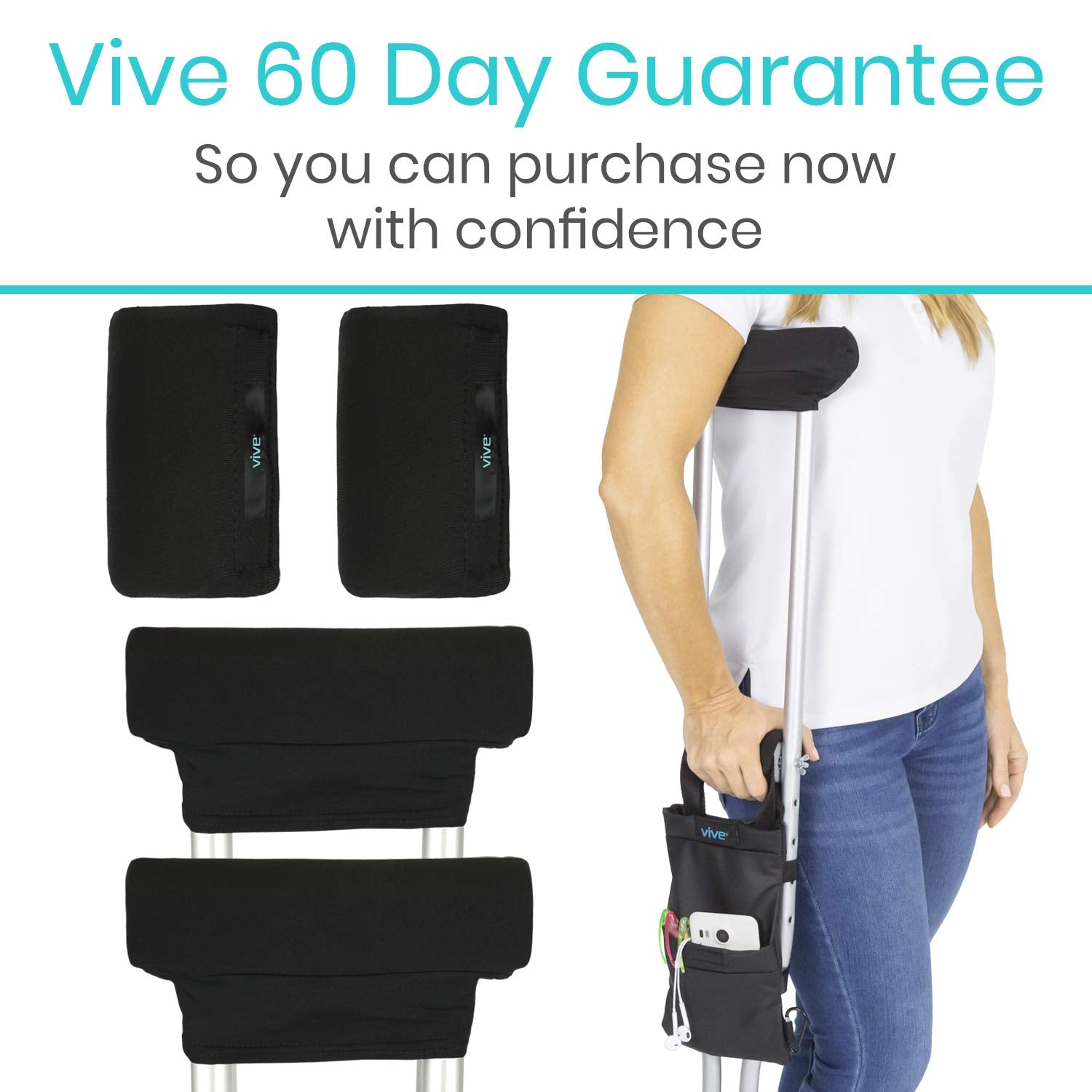 Vive Crutch Pads, Bag, & Hand Grips (5 PCS) - Crutches for Adults Armpit Padding, Hand Grips, Accessories Pouch - Soft Tips Medical Padded Handles for Kids, Men, Women - Lightweight