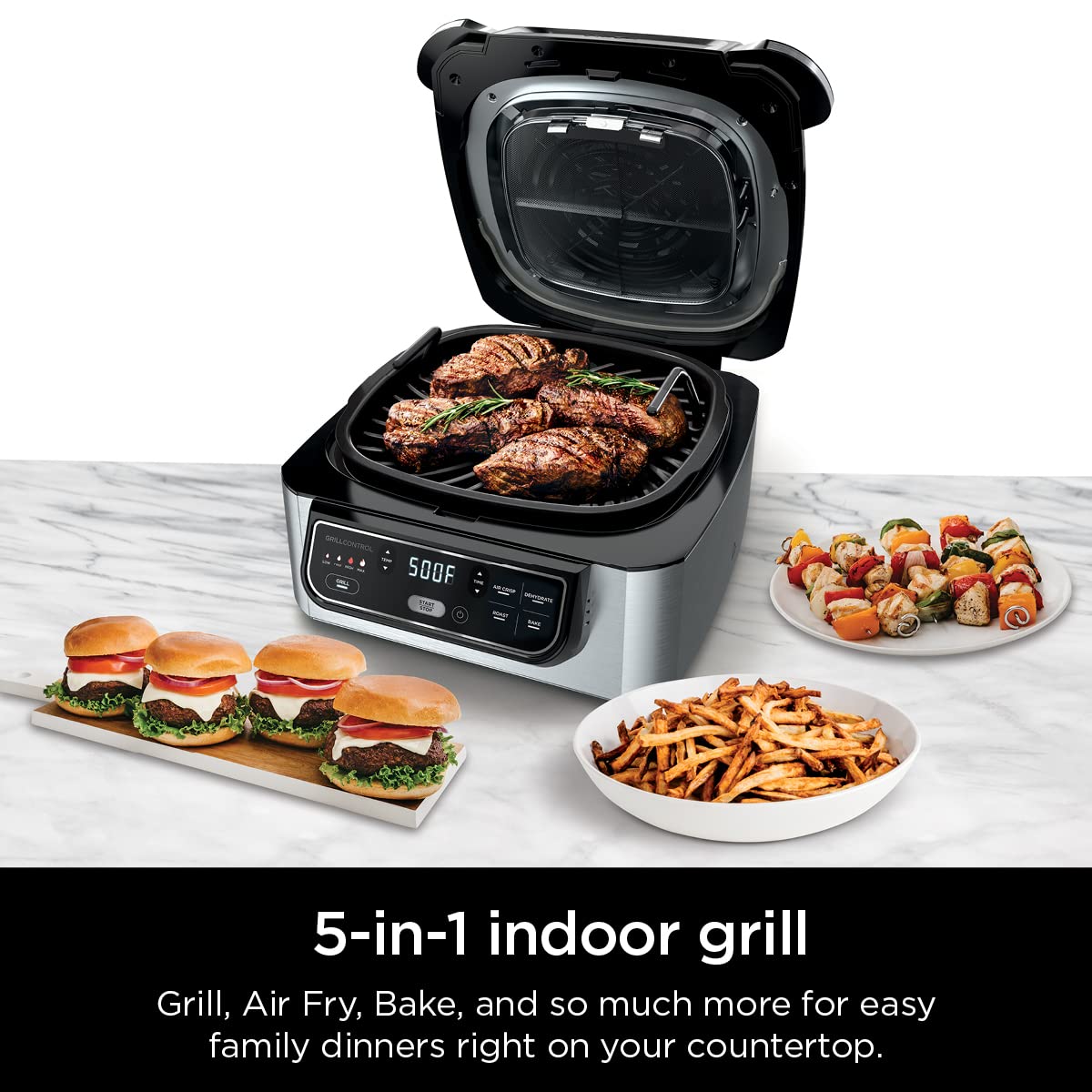 Ninja | Indoor Grill | Foodi | 5-in-1 (Grill, Air Fry, Roast, Bake, and Dehydrate | Fits up to 3lb Roast | Smoke Control System and Dishwasher Safe Parts| Black/Grey | AG301