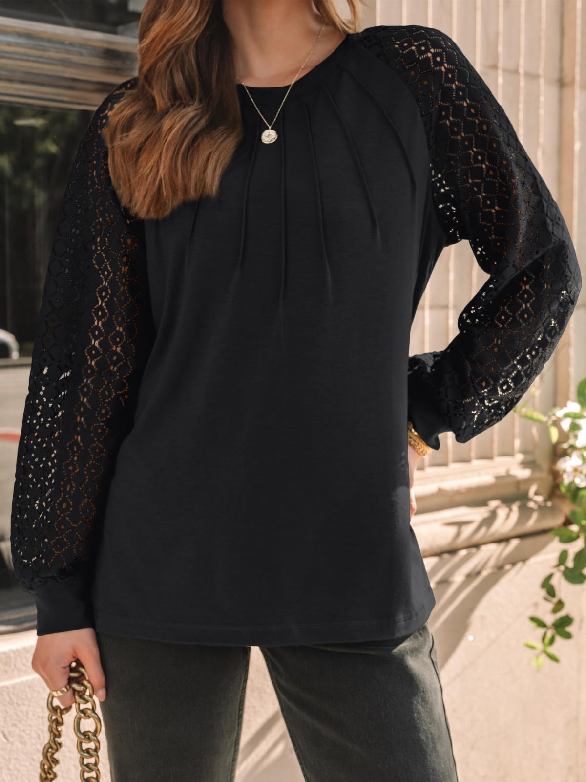 AUTOMET Womens Long Sleeve Shirts Lace Tops Business Casual Blouses 2025 Fall Fashion Teacher Outfits Trendy Clothes Knit T Y2k Ladies Dressy Work Professional Clothing Black M