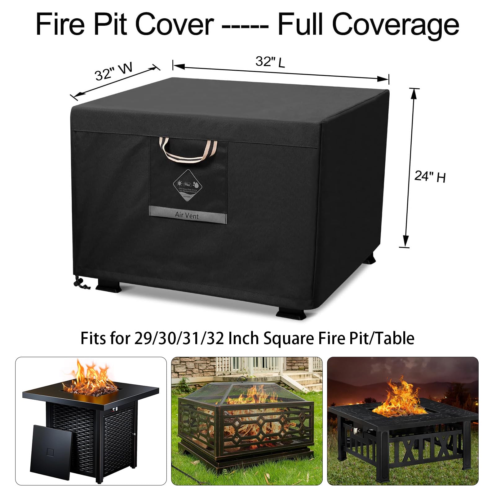 QH.HOME Fire Pit Cover Square Heavy Duty Fabric 100% Waterproof, Fits Outdoor for 29”,30 inch,31 inch,32 inch Fire Pit/Table Cover,Gas Fire Pit Cover (32”L x 32”W x 24”H,Black)