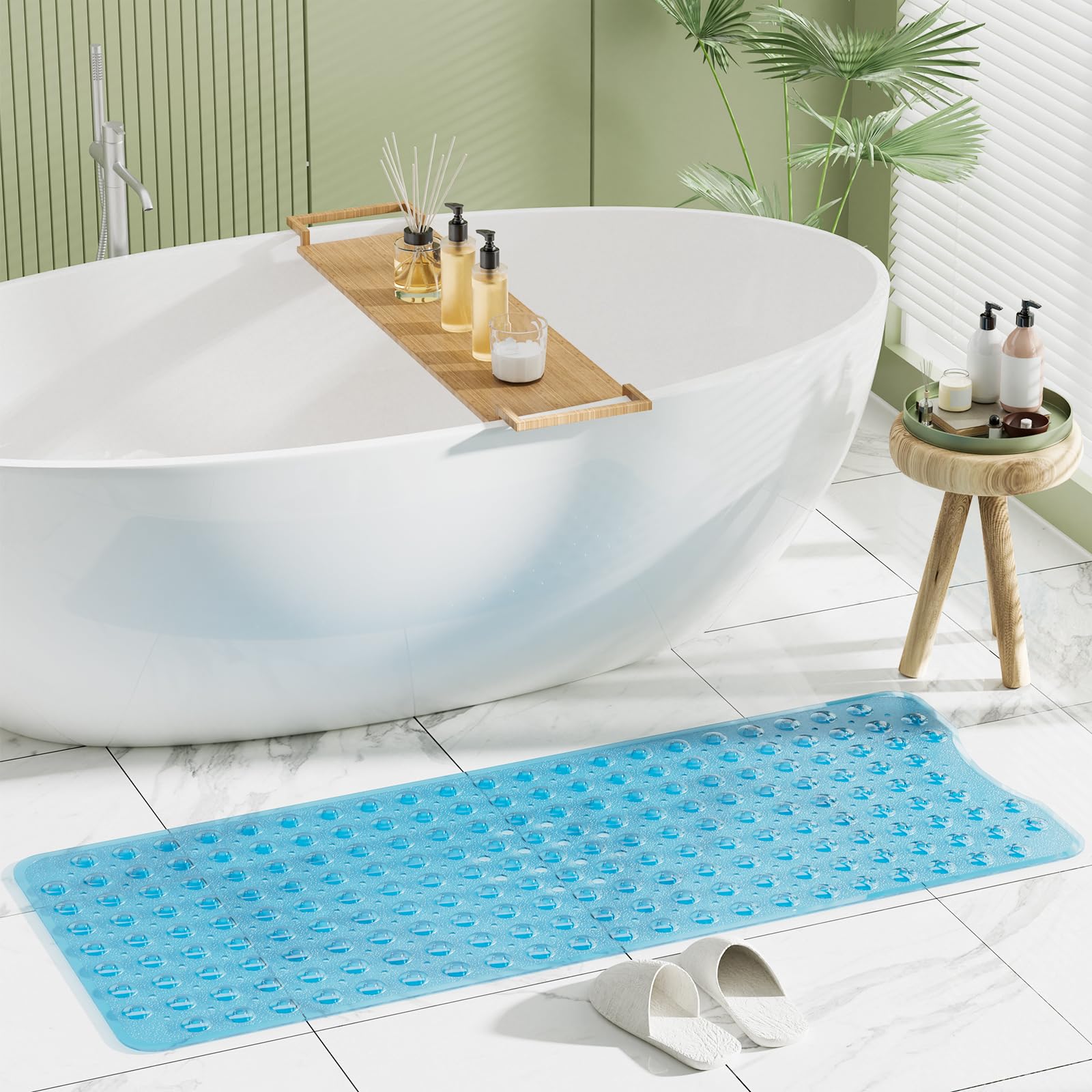AmazerBath Shower Mat Non Slip 40 x 16 Inches, Bathtub Mat Shower Stall Mats with Suction Cups and Drain Holes, Non Slip Bath Mat for Tub for Elderly & Kids, Clear Blue