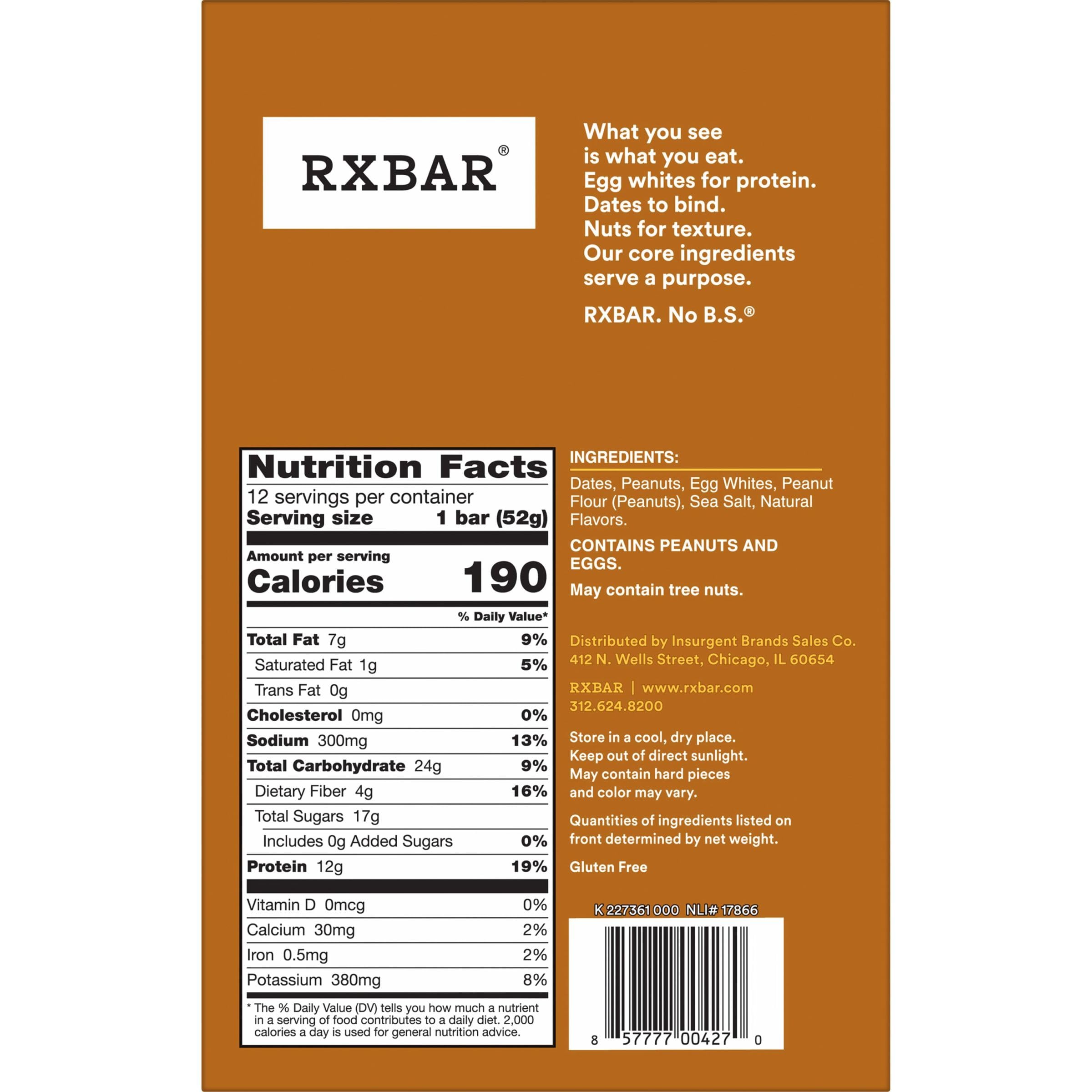 RXBAR Protein Bars, 12g Protein, Gluten Free Snacks, Snack Bars, Peanut Butter, 22oz Box (12 Bars)