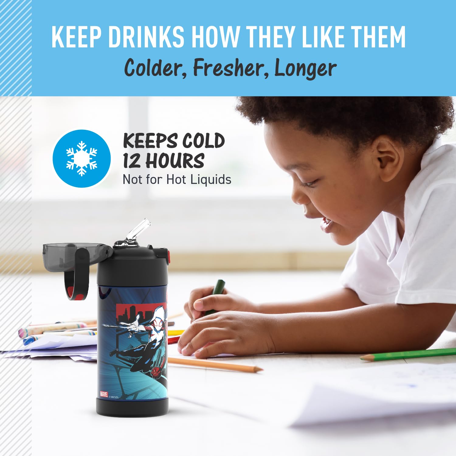 THERMOS FUNTAINER Water Bottle with Straw - 12 Ounce - Kids Stainless Steel Vacuum Insulated Water Bottle with Lid, Spider-Man