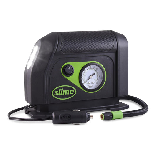 Slime 40050 Tire Inflator, Portable Car Air Compressor, with Analog 100 psi Dial Gauge, Long Hose and LED Light, 12V, 8 min Inflation