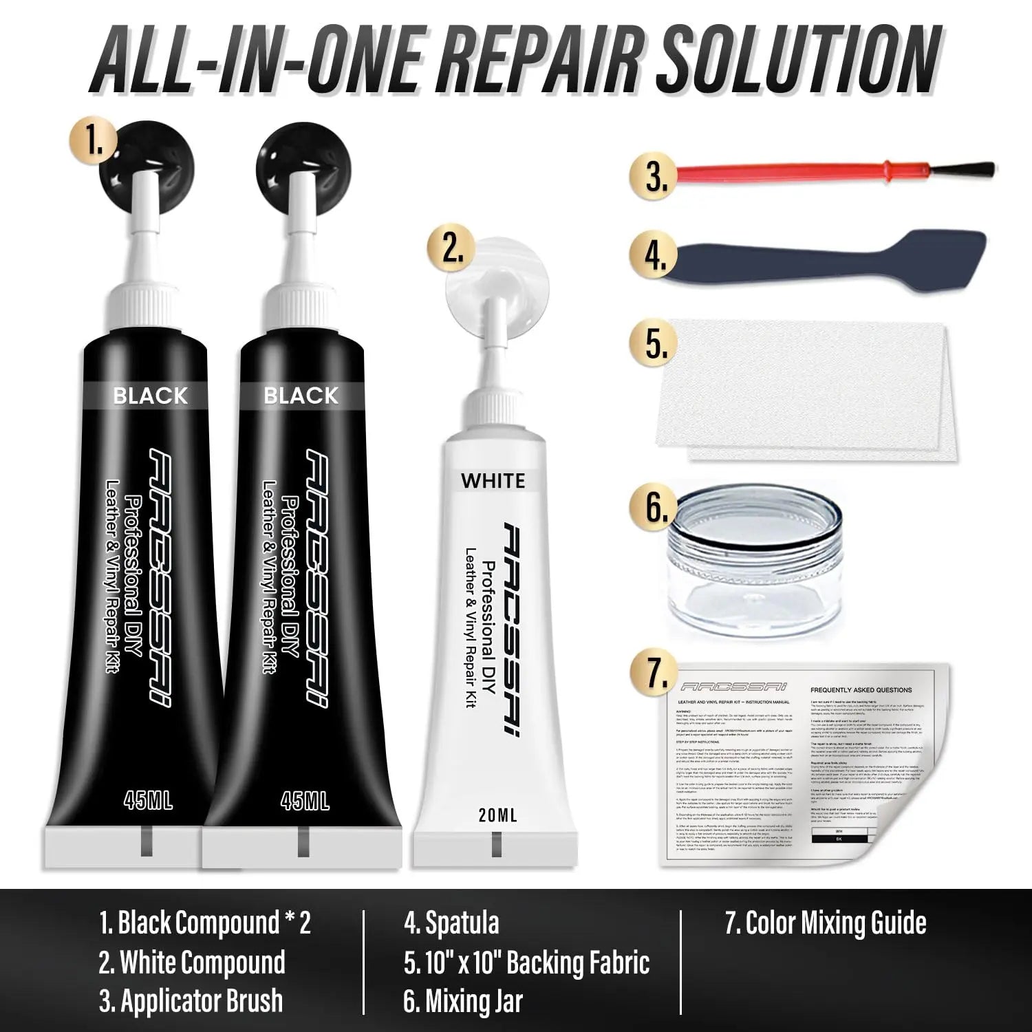 Black Leather Repair Kit, Vinyl Repair Kit for Car Seats, Couch, Boat, Sofa & Purse, Fix Scratch & Rip on Artificial, Faux, Genuine Leather, with Color Matching Guide & Super Easy Instructions