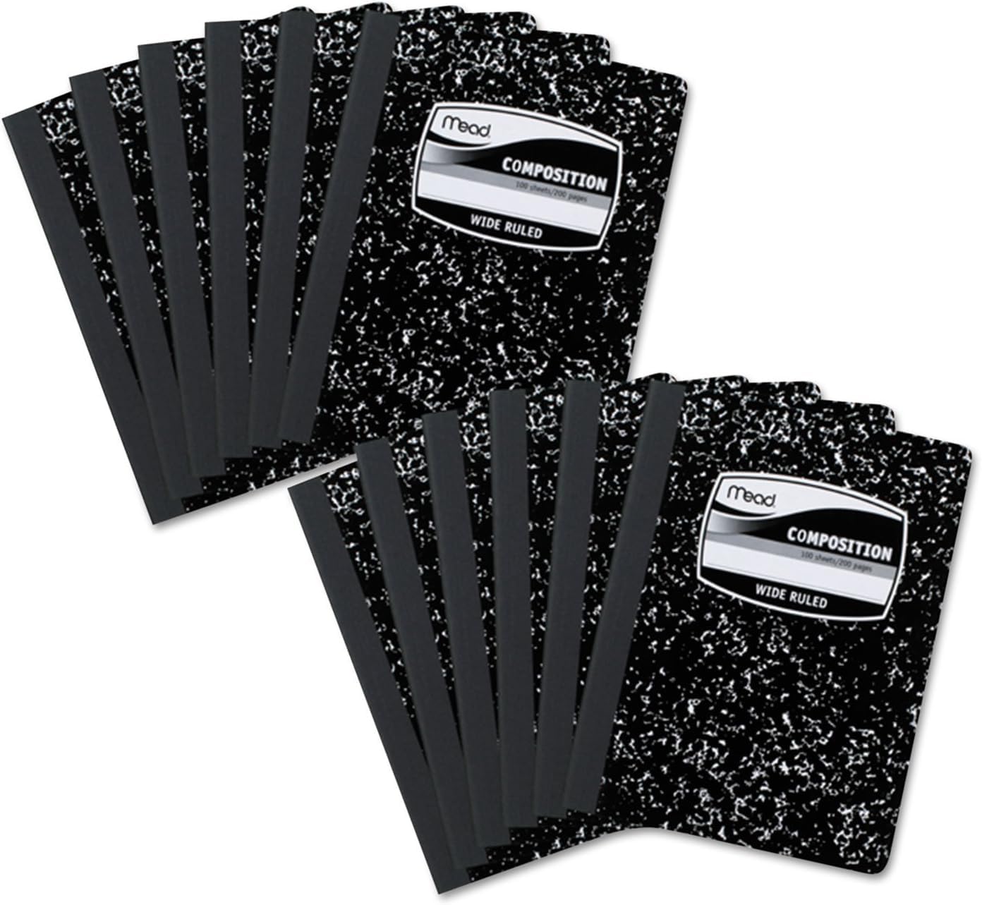 Mead Composition Notebooks, 12 Pack, Wide Ruled Paper, 9-3/4" x 7-1/2", 100 Sheets per Comp Book, Black Marble (72936)