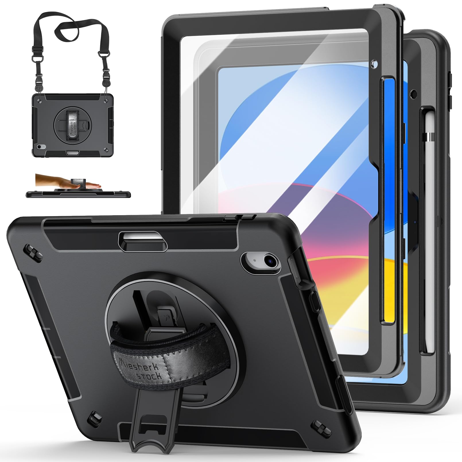 Case for iPad 10th Generation 2022:Miesherk Stock Military Grade Shockproof Rugged Case for iPad 10th Gen 10.9'' W/Screen ProtectorÃ¯Â¼ÂRotate StandÃ¯Â¼ÂHandleÃ¯Â¼ÂShoulder StrapÃ¯Â¼ÂPen Holder Ã¯Â¼ÂBlackÃ¯Â¼Â