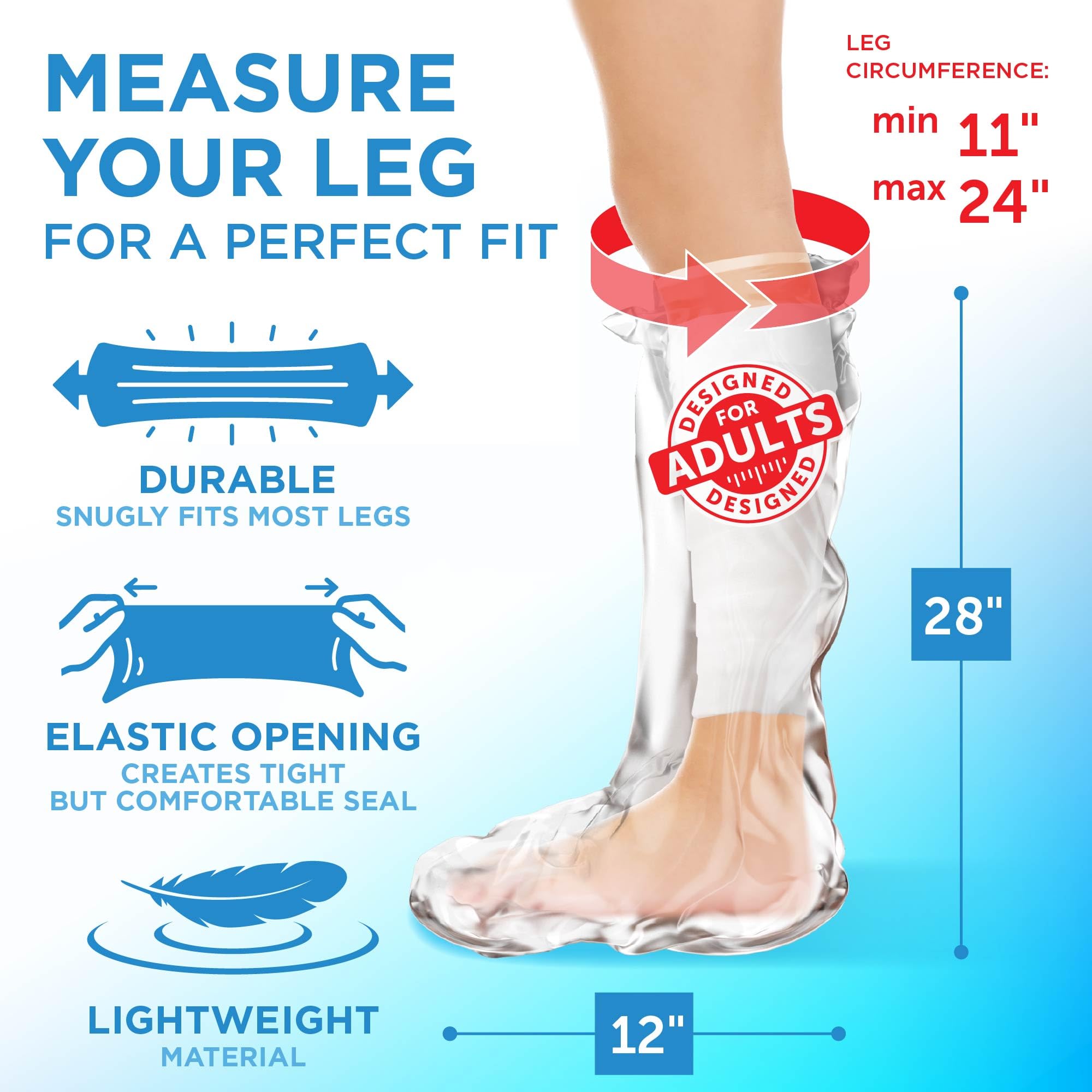 100% Waterproof Cast Covers for Shower Leg - Tight Seal - Reusable Adult 2pk Half Leg Cast Protectors - Knee, Ankle, Foot