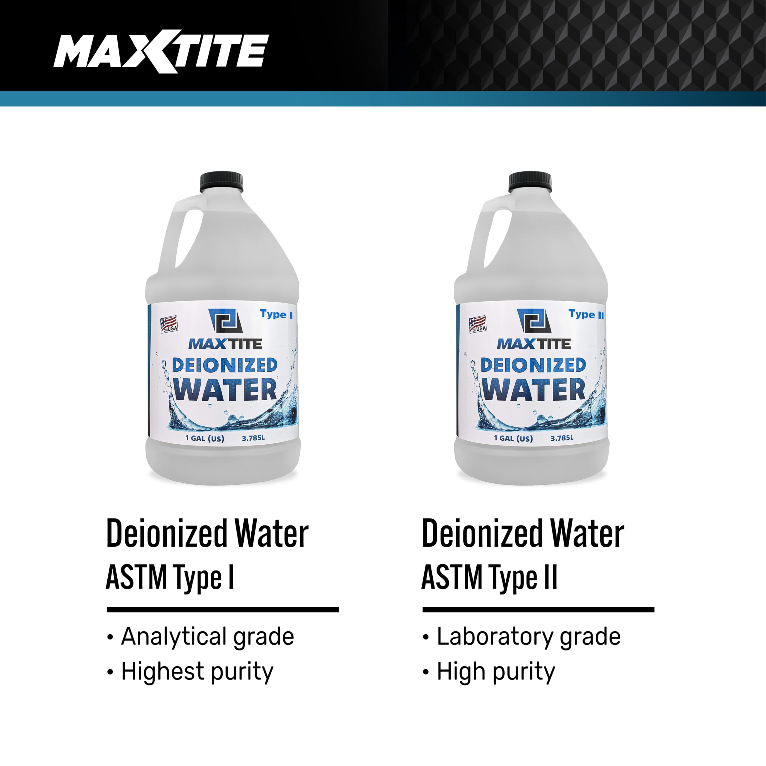 MAXTITE Type II Deionized Water - Laboratory Grade (1 Gallon)
