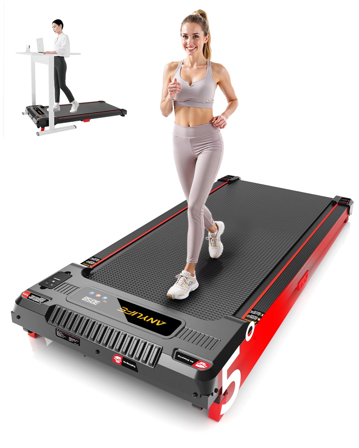 جهاز المشي Walking Pad، جهاز المشي المائل Anylife تحت المكتب بسعة 330 رطلاً، أجهزة المشي المحمولة بقوة 2.5 حصان للمنزل، جهاز المشي الصغير المدمج مع شاشة LED، جهاز تحكم عن بعد، أسود أحمر