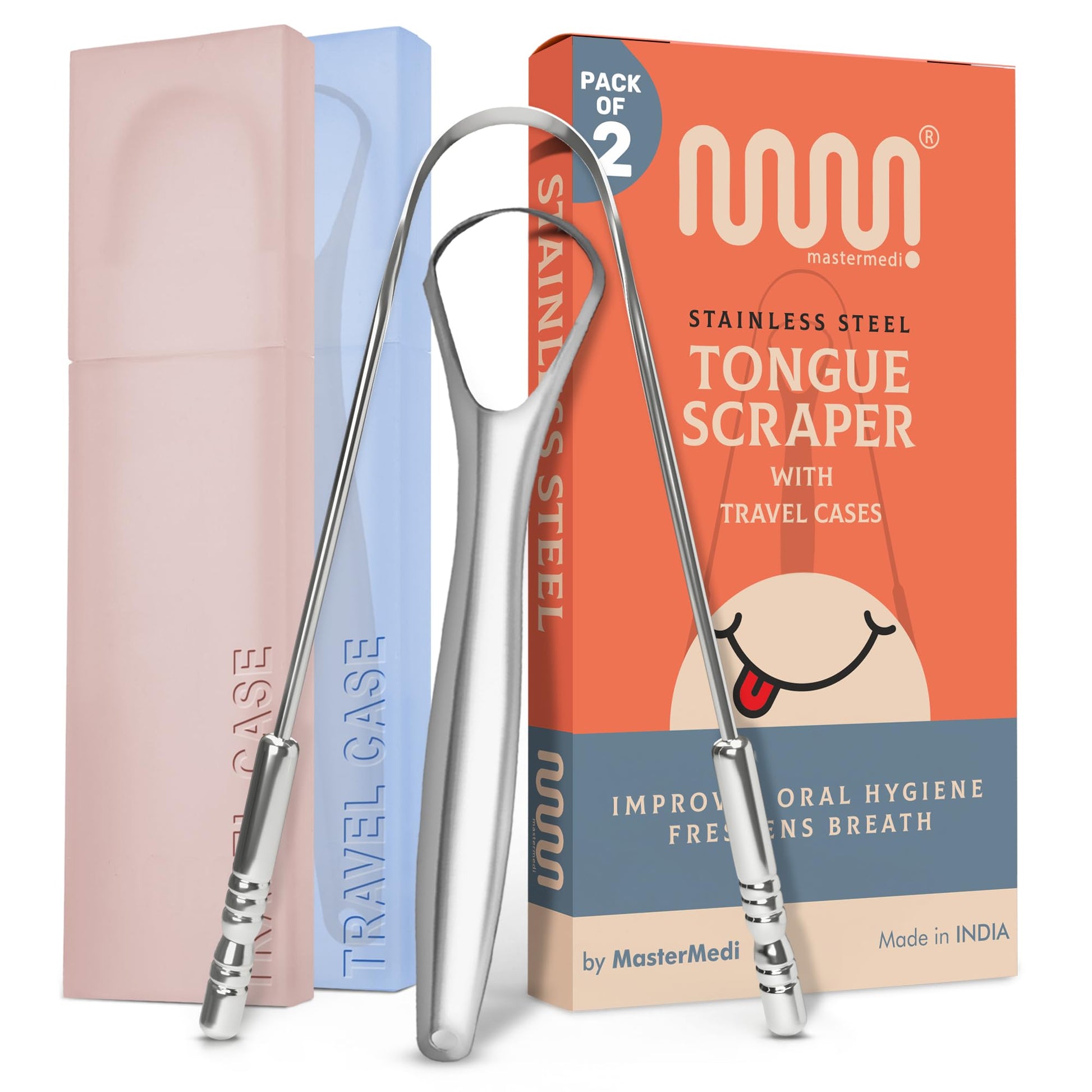 MasterMedi Tongue Scraper with Case Easy to Use Tongue Scraper for Adults, Tongue Cleaner for Oral Care & Hygiene (Copper Set of 2 (with Travel Case))