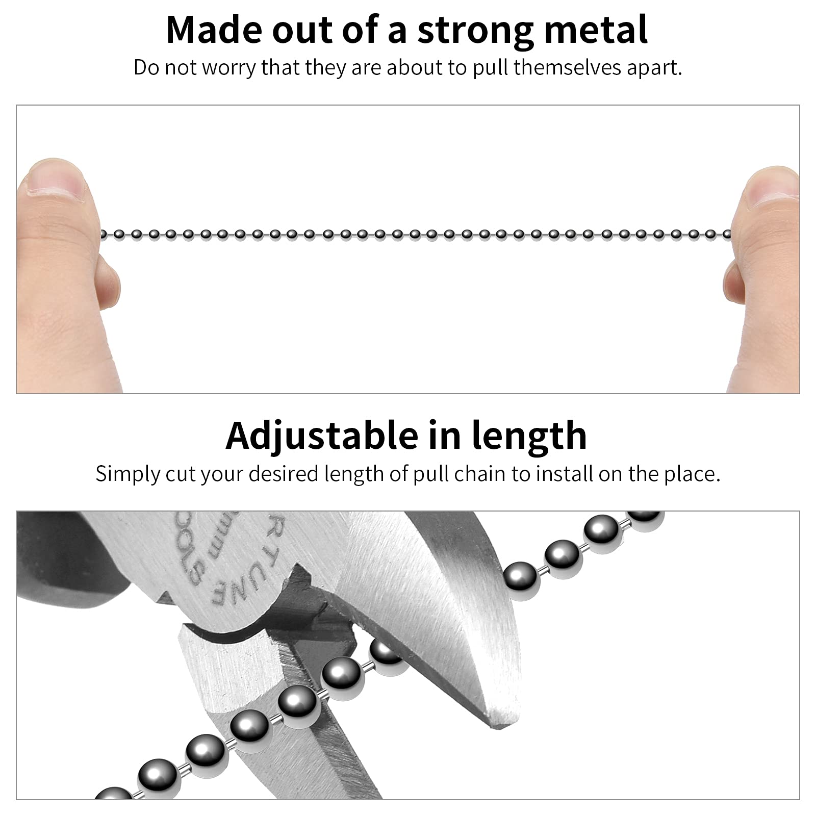Ceiling Fan Pull Chain, 120" Rust Proof Copper 3mm Beaded Ball Light Pulls Extension Chains with 12 Connectors, Silver