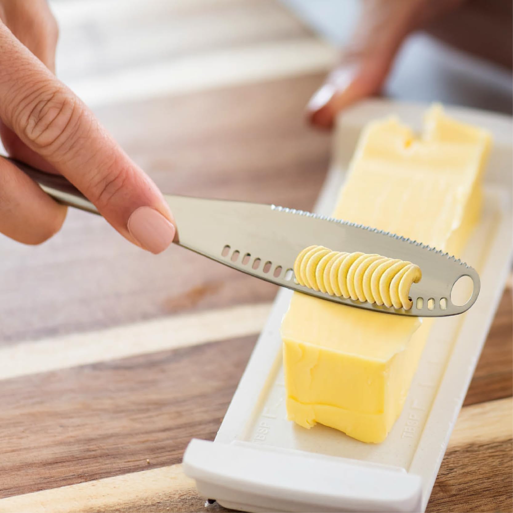 Houseify READY BUTTER 3-in-1 Butter Knife - Stainless Steel Serrated Knife With Holes in Blade - Cold Butter Spreader, Curler & Micro Grater - Dishwasher Safe
