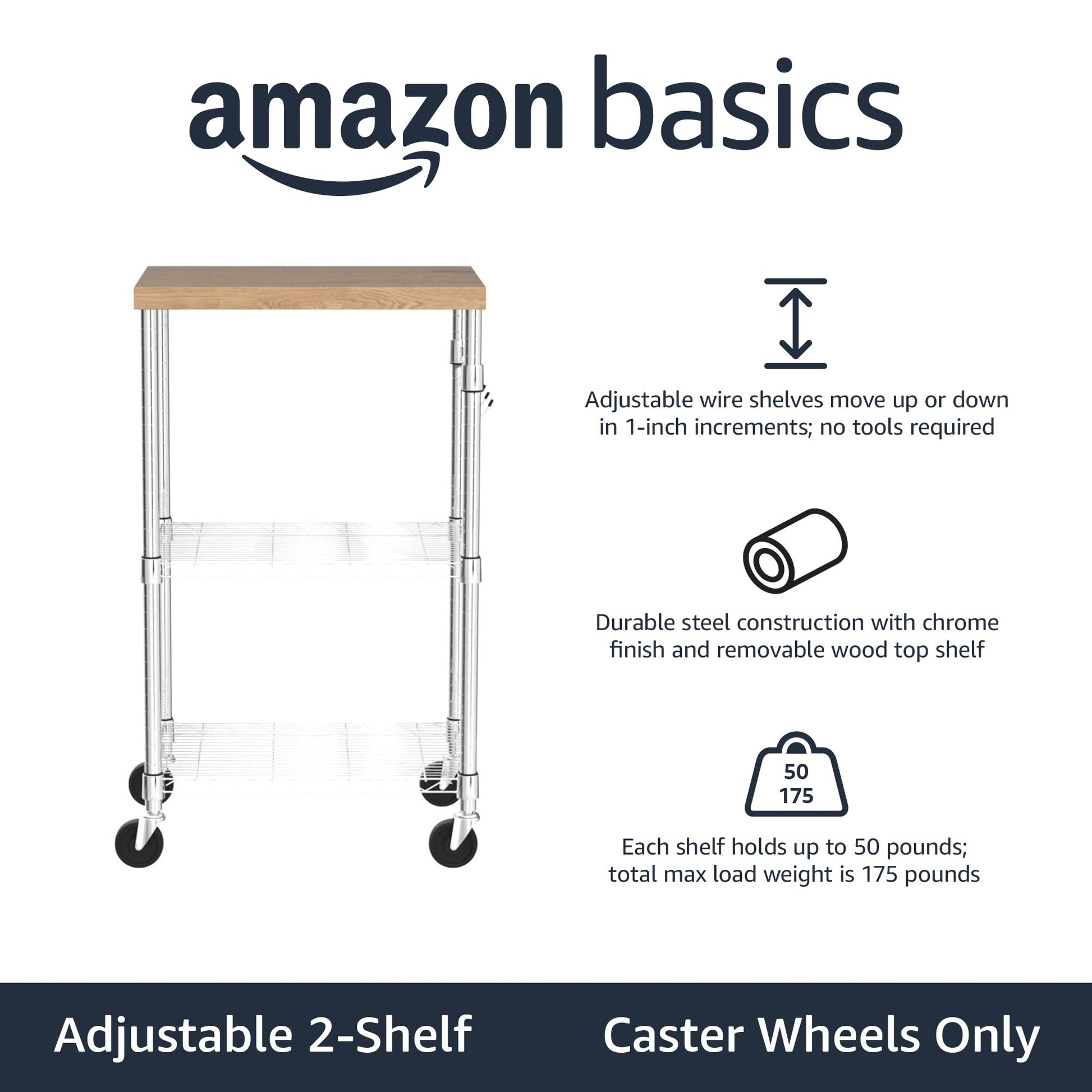 Amazon Basics Portable Kitchen 3-Tier Storage Rack on Caster Wheels with Adjustable 2 Shelves, 175 Pound Capacity, 21 x 15 x 36.7 inches (LxWxH), Wood/Chrome