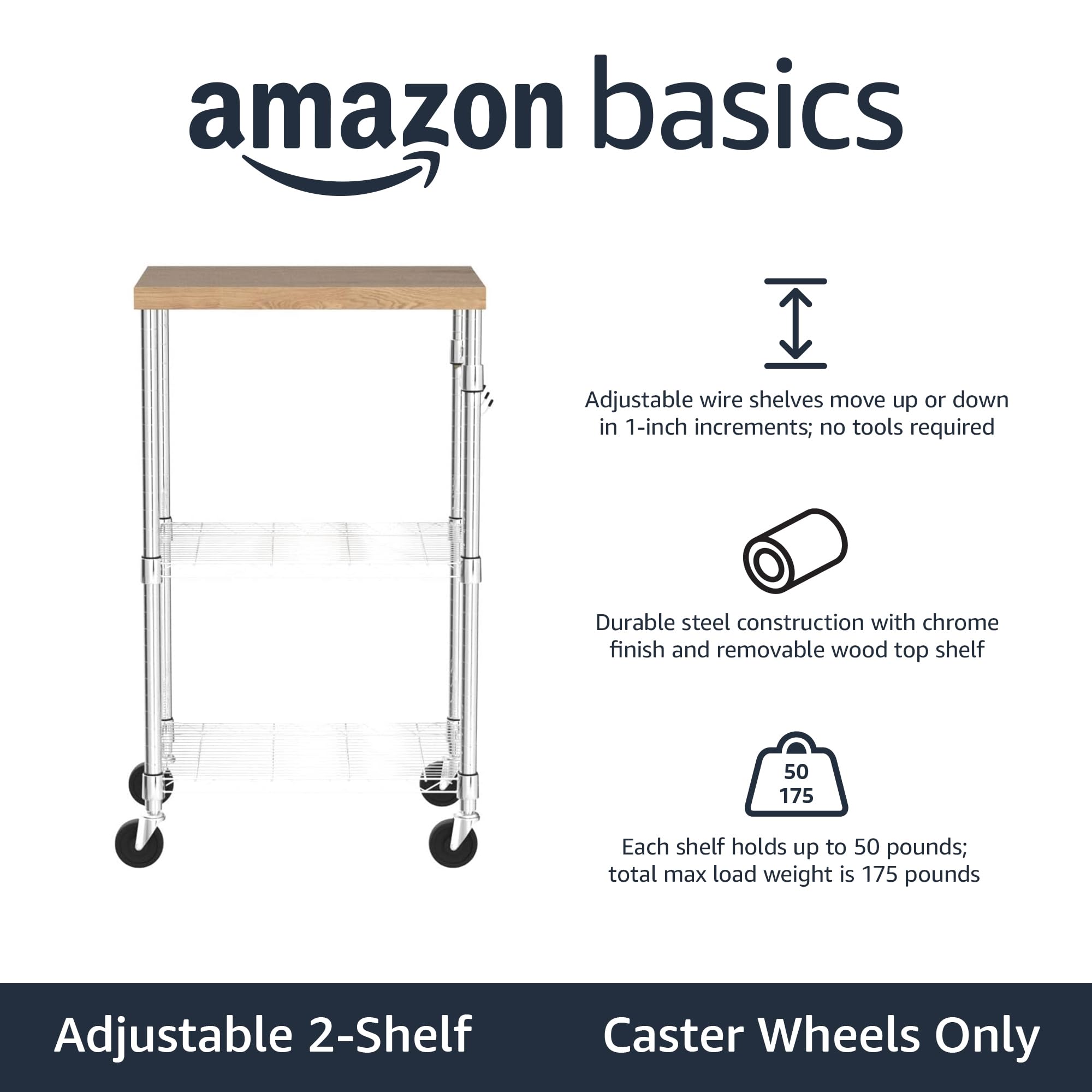 Amazon Basics Portable Kitchen 3-Tier Storage Rack on Caster Wheels with Adjustable 2 Shelves, 175 Pound Capacity, 21 x 15 x 36.7 inches (LxWxH), Wood/Chrome