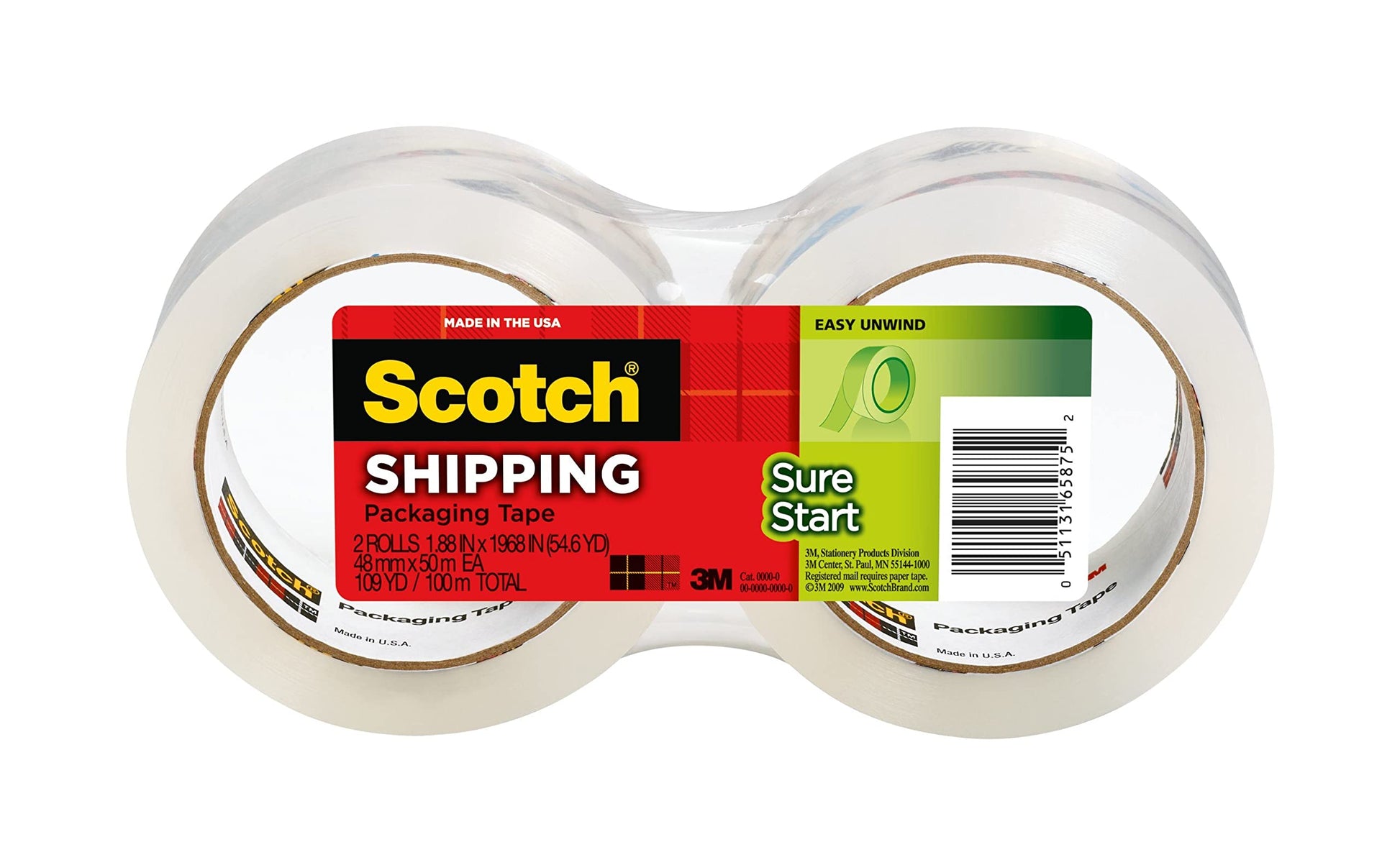 Scotch Sure Start Packing Tape, Clear, Quiet Unwind and Easy Start, Moving Supplies, 1.88 in. x 54.6 yd., 1 Tape Roll