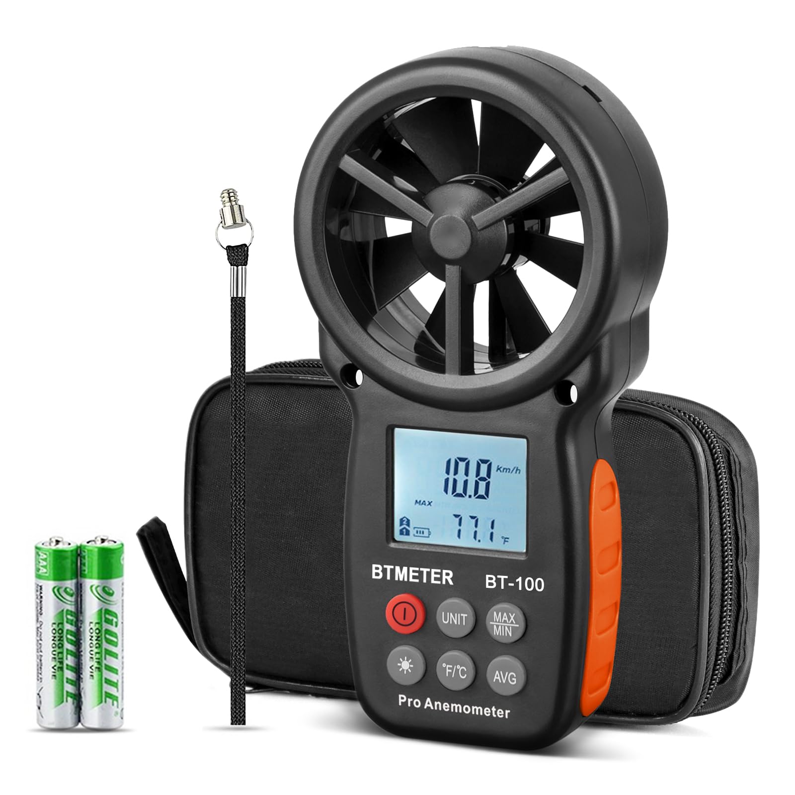 BTMETER BT-100 مقياس شدة الريح المحمول، مقياس رقمي لسرعة الرياح CFM، جهاز اختبار سرعة تدفق الهواء لأنظمة التدفئة والتهوية وتكييف الهواء (HVAC)، الطائرات بدون طيار، برودة الرياح، درجة حرارة الرياح 14-113