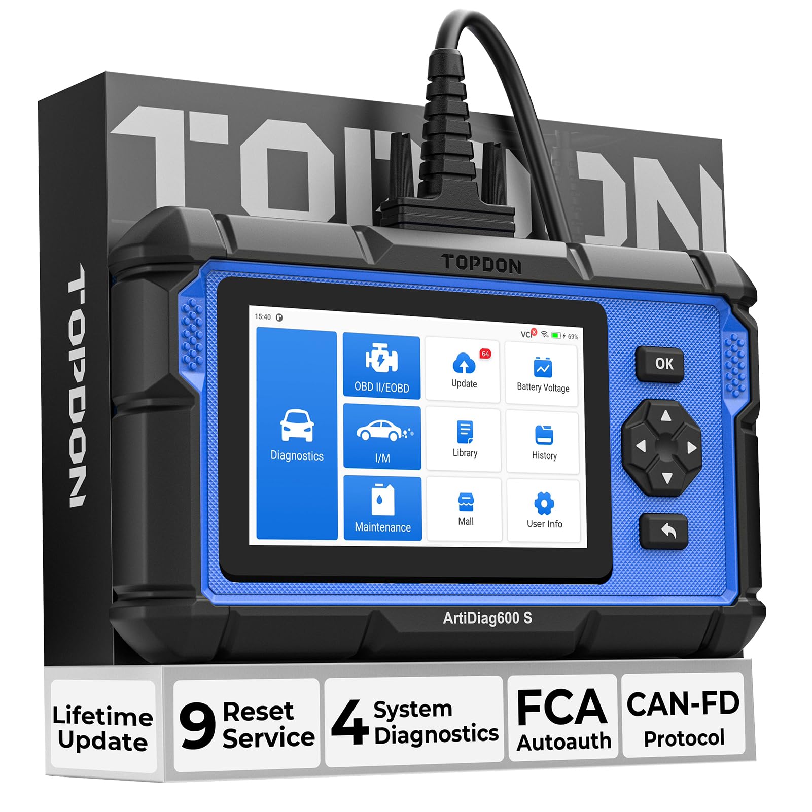 OBD2 Scanner TOPDON AD600S Diagnosegerät, Codeleser, Diagnosescanner für ABS/SRS/AT/Motor, 9 Reset-Dienste, Öl-/Brems-/BMS-/SAS-/DPF-/TPMS-/ETS-Reset/ABS-Entlüftung/Injektorcodierung, lebenslanges kostenloses Upgrade