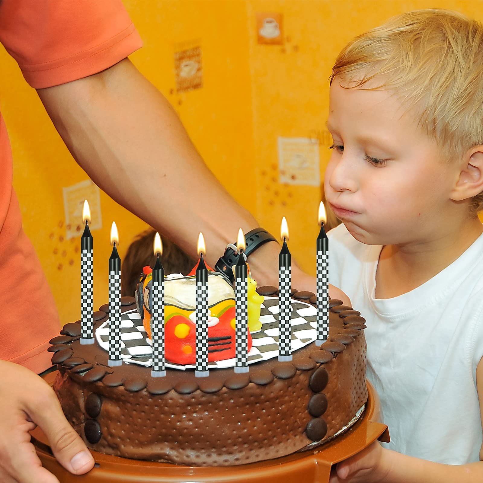 Cindeer 12 Pcs Racing Cars Themed Birthday Candles Black and White Checkered Flag Cupcake Topper for Racing Cars Party Decoration Baby Shower for Boys Children