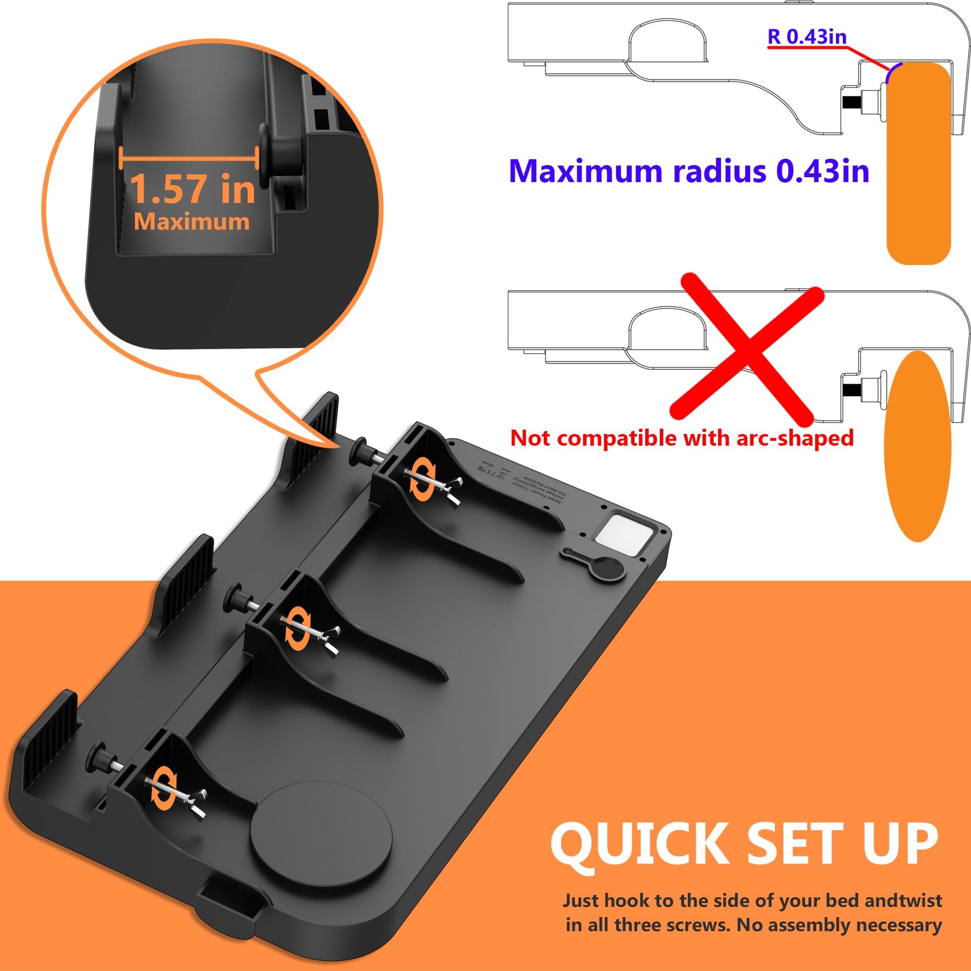 Bedside Shelf for Dorm Bunk Bed with USB Charging Port and AC Outlets, Bedside Caddy, Attachable Bedside Table, College Dorm Essential Clip On Bedside Tray, Bunk Bed Accessories, Plus Size, Black