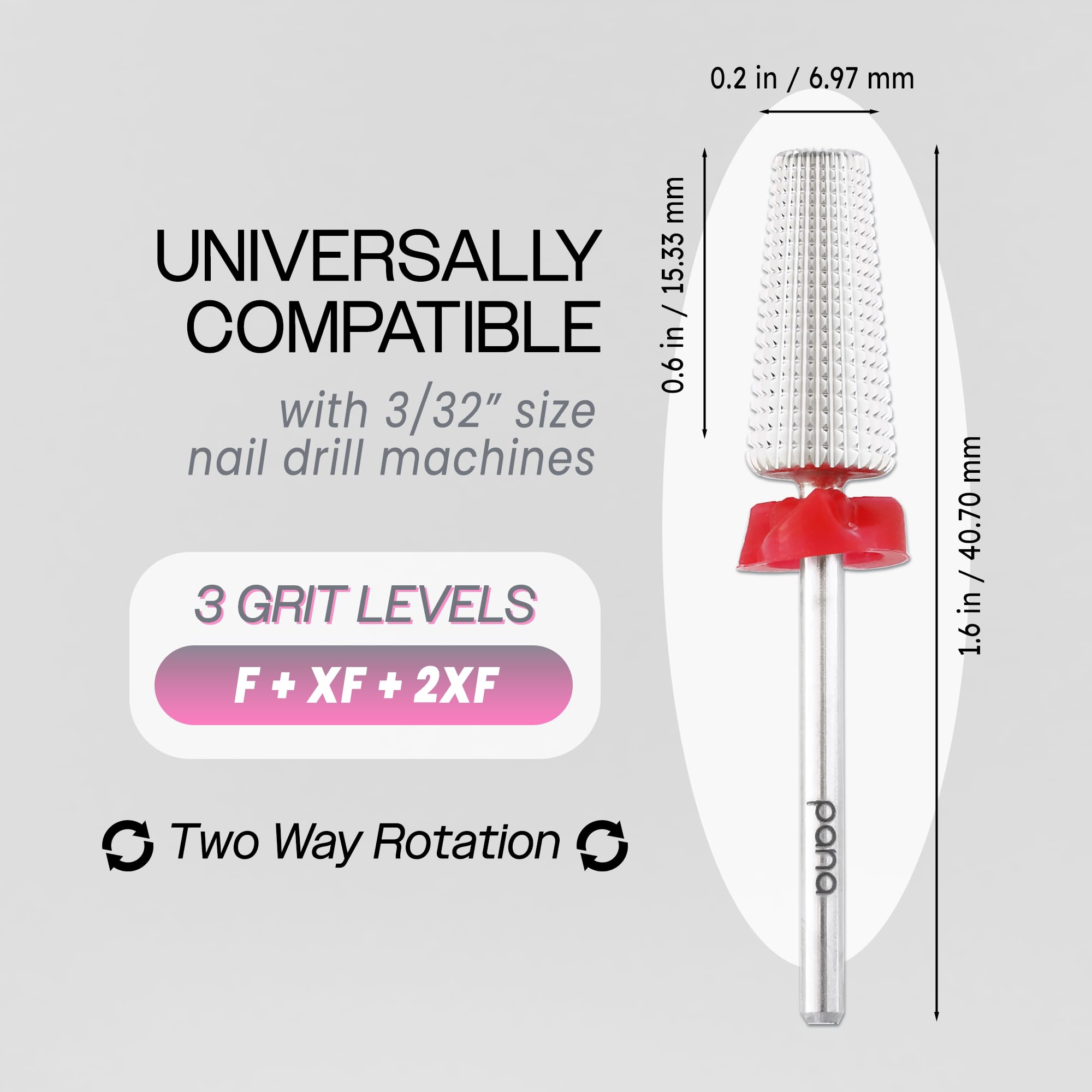 PANA Nail Carbide 5 in 1 Bit - Two Way Rotate use for Both Left and Right Handed - Fast Remove Acrylic or Hard Gel - 3/32" Shank - Manicure, Nail Art, Drill Machine (Fine - F, Silver)