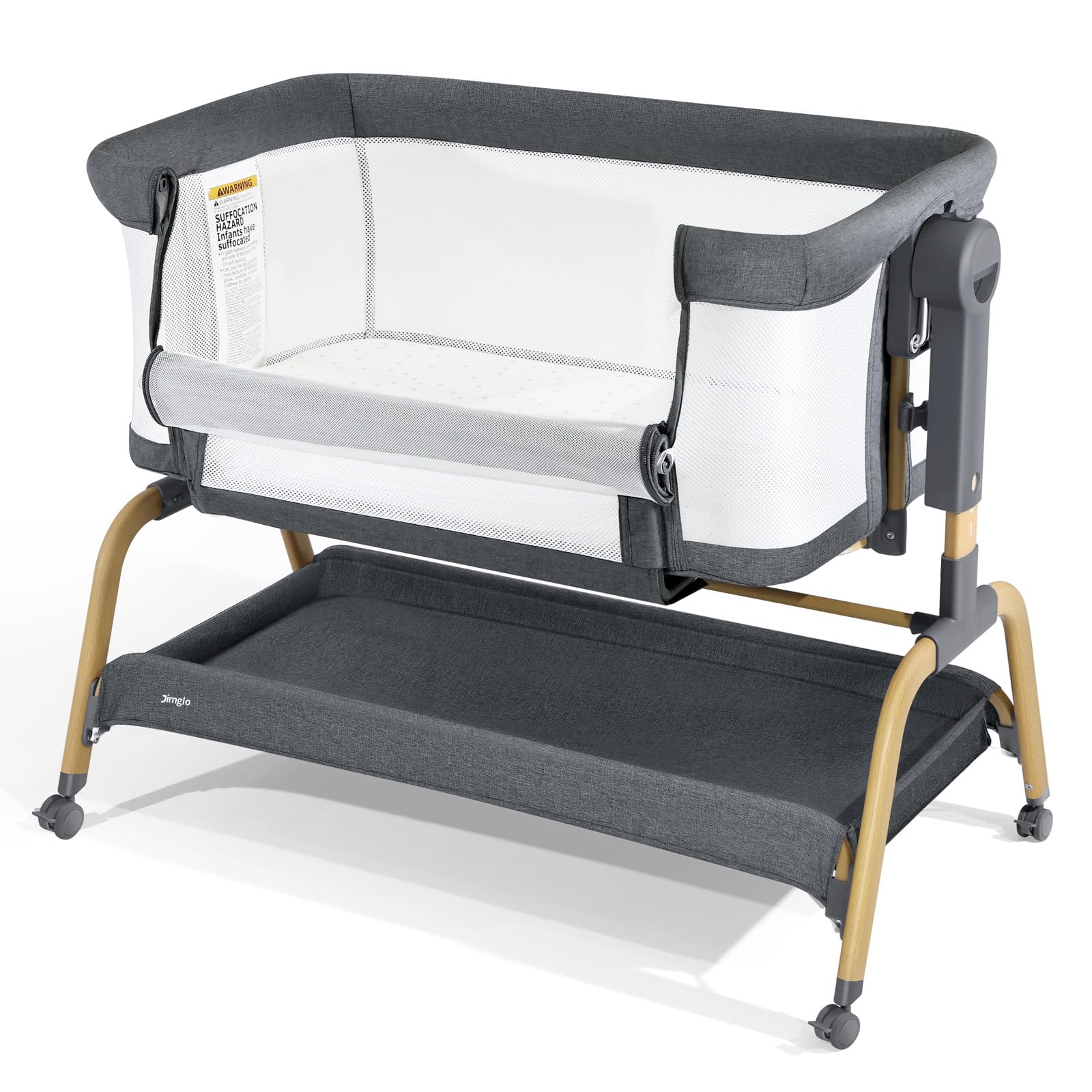 Jimglo 3-in-1 Babybeistellbett, Beistellbett für Babys, Schaukelwiege mit bequemer Matratze und Rollen, 6-fach höhenverstellbares, leicht zusammenklappbares, tragbares Beistellbett für Neugeborene
