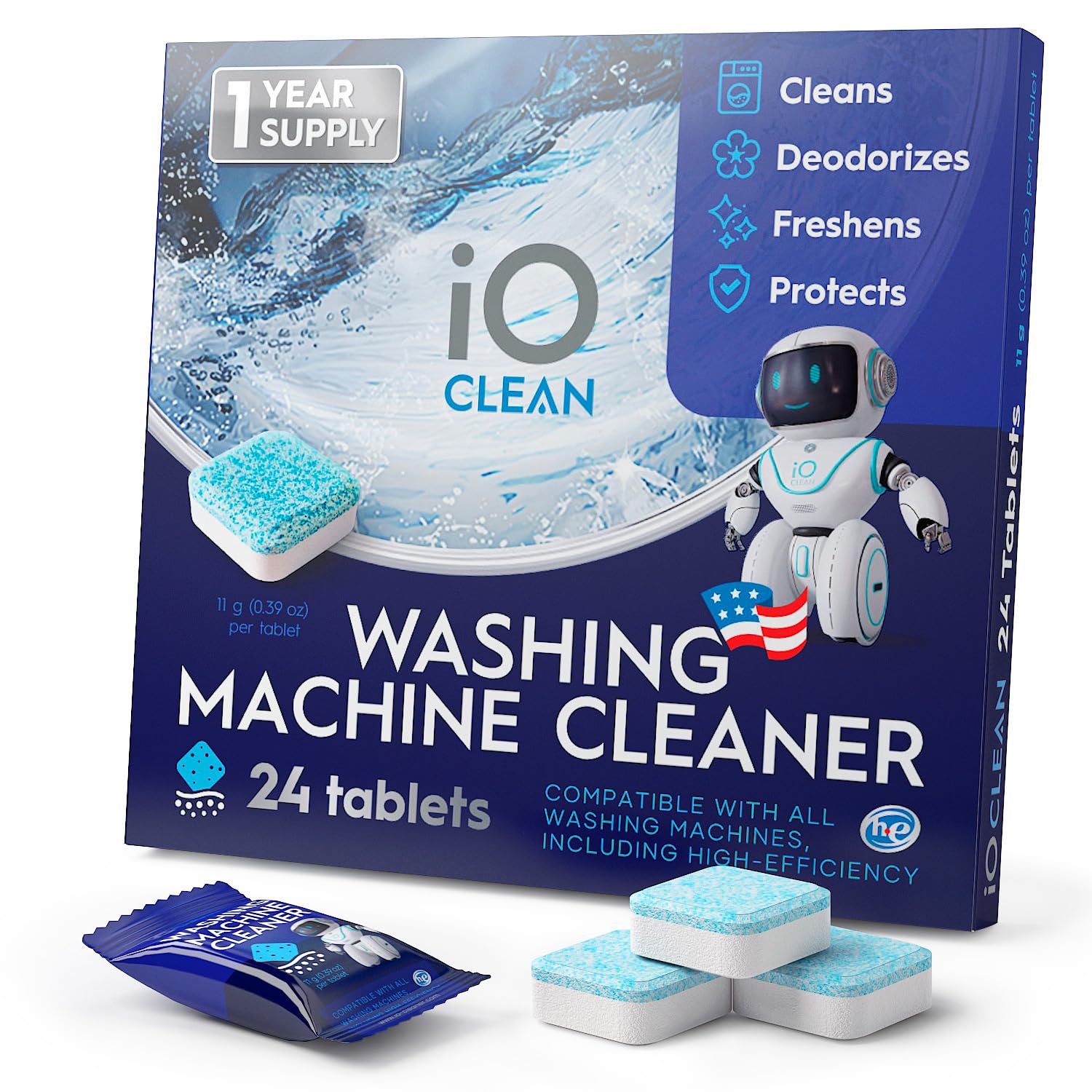 Washing Machine Cleaner and Descaler Tablets 24 Pcs - Deep Clean and Descaling for HE Front and Top Loaders Washer - High-Efficiency Tablets for a Fresh, Spotless Laundry, Remove Odor - 1 Year Supply