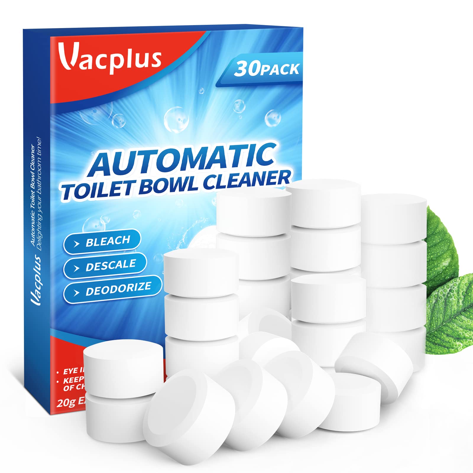 Vacplus Toilet Bowl Cleaner Tablets 12 PACK, Automatic Toilet Bowl Cleaners with Bleach for Deodorizing and Descaling, Bathroom Cleaner Against Tough Stains