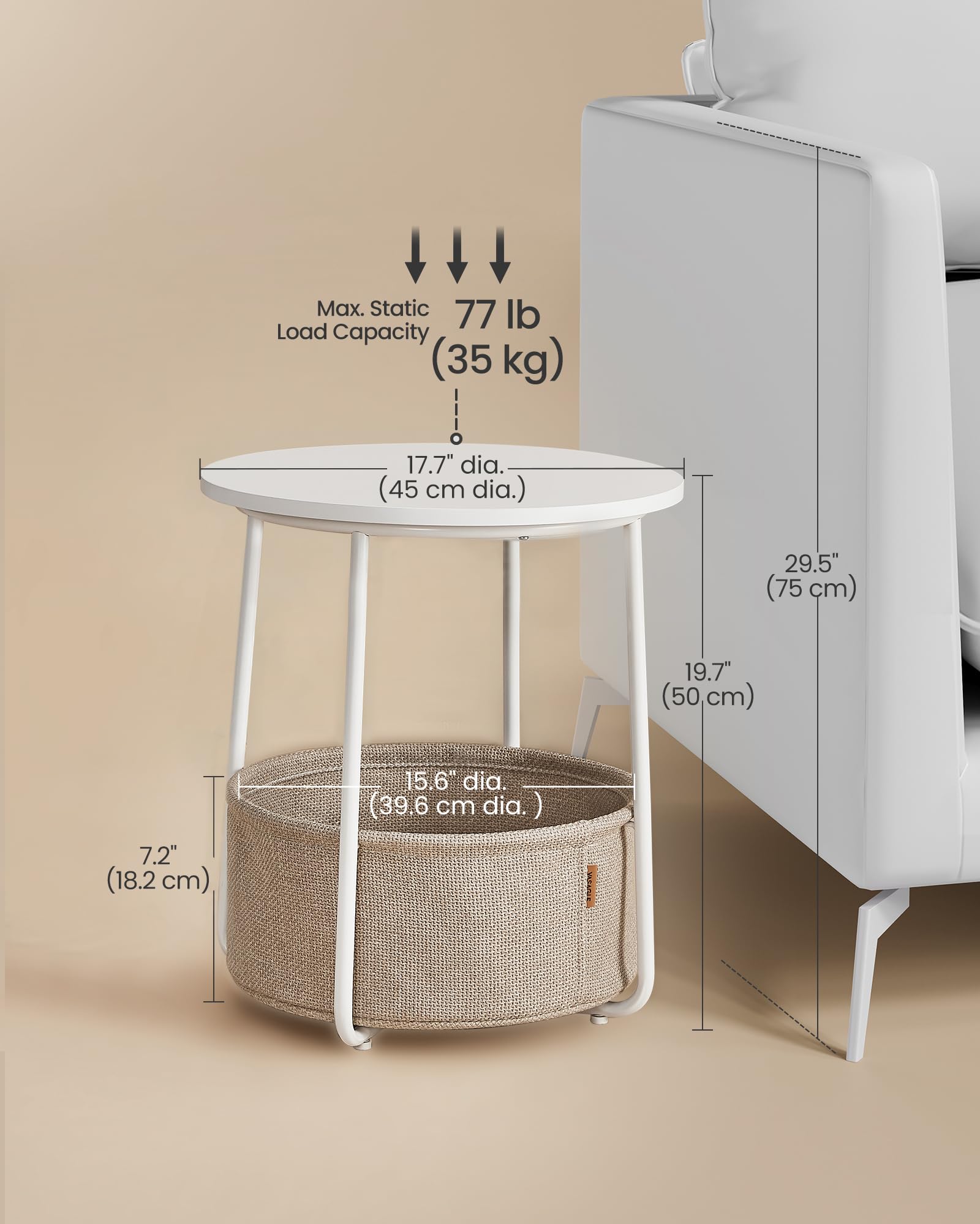 VASAGLE Small Round Side End Table, Modern Nightstand with Fabric Basket, Matte White and Camel Brown ULET223W10