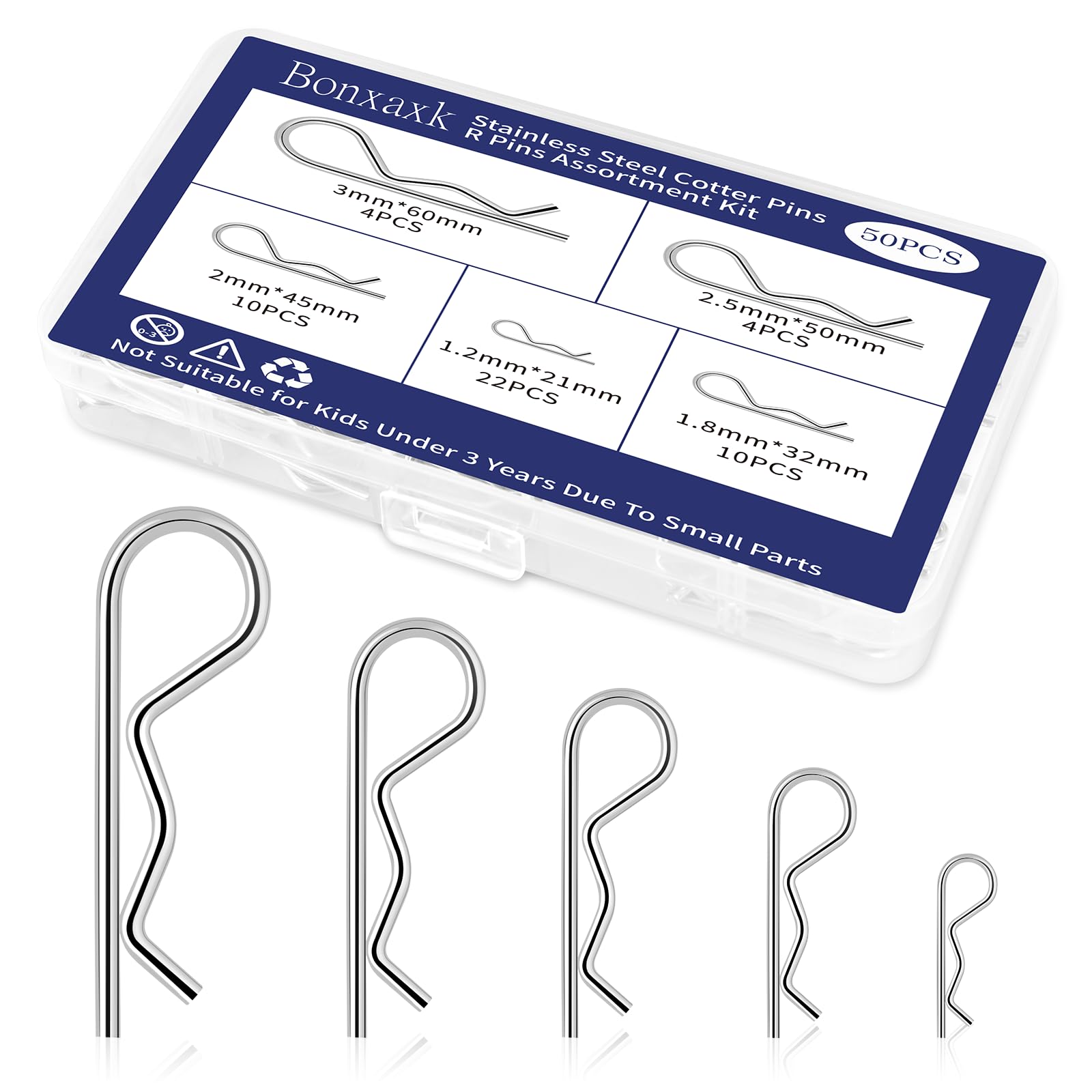 50 Pcs Cotter Pins, Cotter Pin Assortment Kit, Heavy Duty R Clips Hardware Pins, 5 Sizes Spring Fasteners Hitch Pin for Trailer Locking, Trailer Clamps, Lawn Mowers, Trucks, Mechanic's Choice