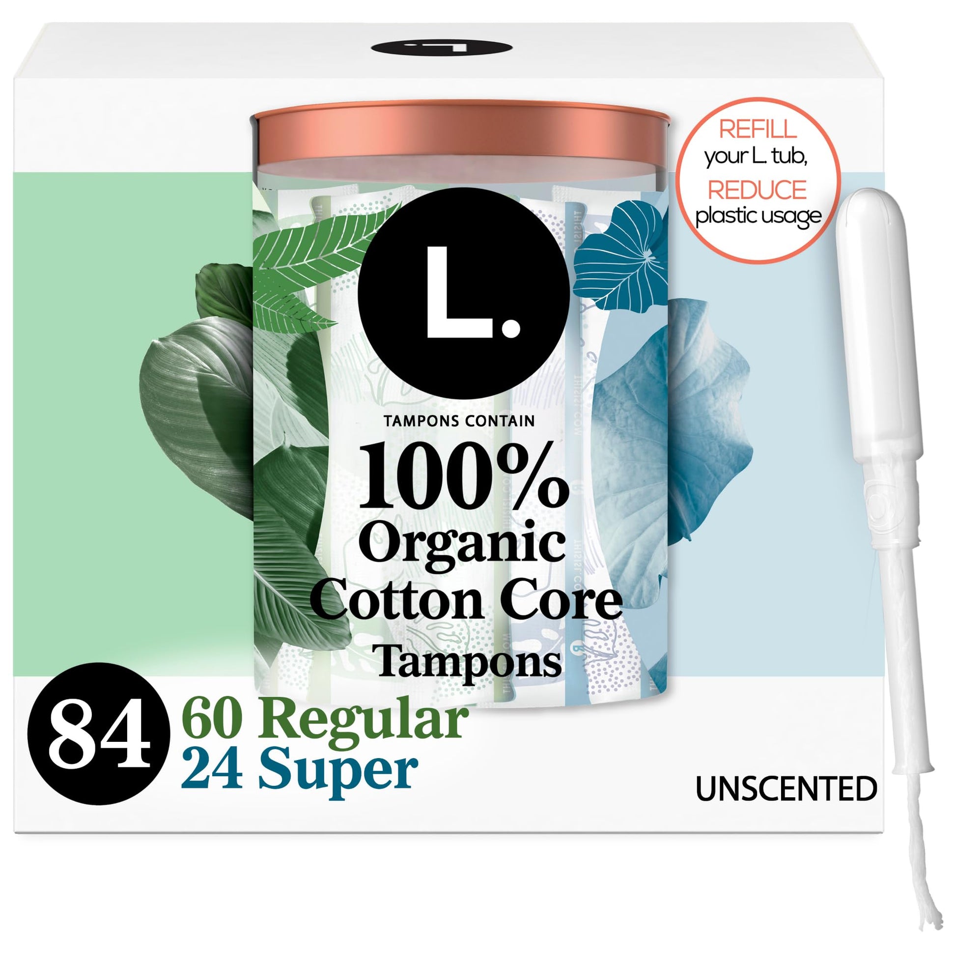 L. Cotton Tampons Regular/Super Absorbency Multipack, Free from Chlorine Bleaching, Pesticides, Fragrances, or Dyes, 84 Count (2 Packs of 42)