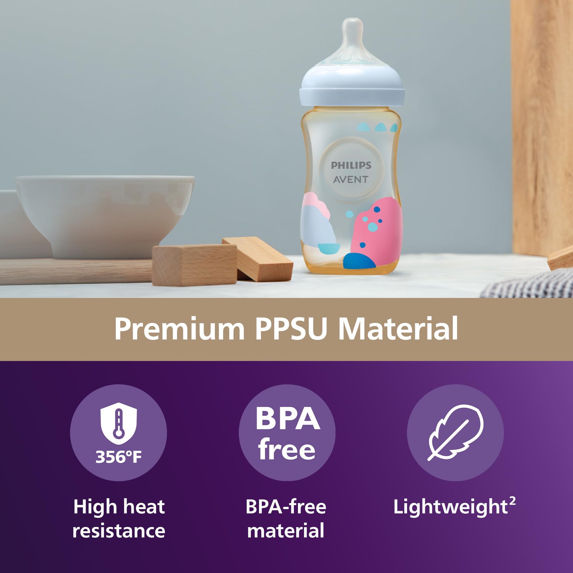 Philips Avent PPSU Natural Baby Bottles with Medium Flow Nipples (Flow 3), 9oz, with Decoration, 2-Pack, SCY943/02