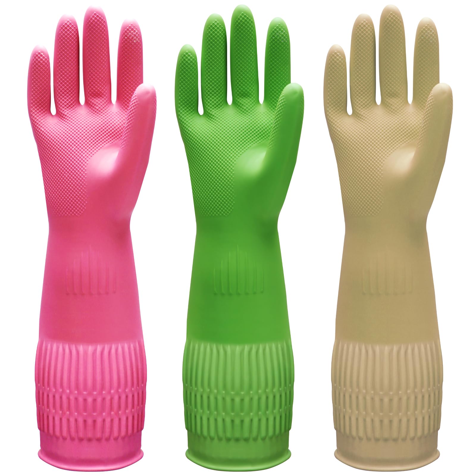 Bamllum 3 Pairs of Rubber Dishwashing Gloves for Kitchen and Household Cleaning Ã¢ÂÂ Long Cuff 15", Reusable, Flexible Long-lasting and Non-Slip (Red+Yellow+Green, Large)