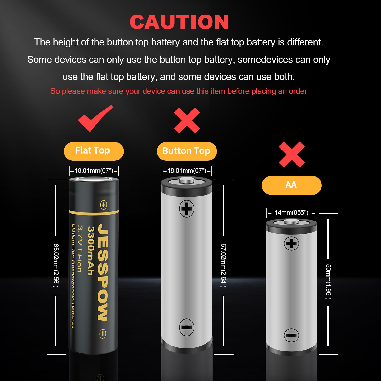 JESSPOW 18650 Rechargeable Battery 3.7V 3300mAh Flat Top, Batteries for Flashlight, Camera, Small Fan, Outdoor Garden Lights 4 Pack