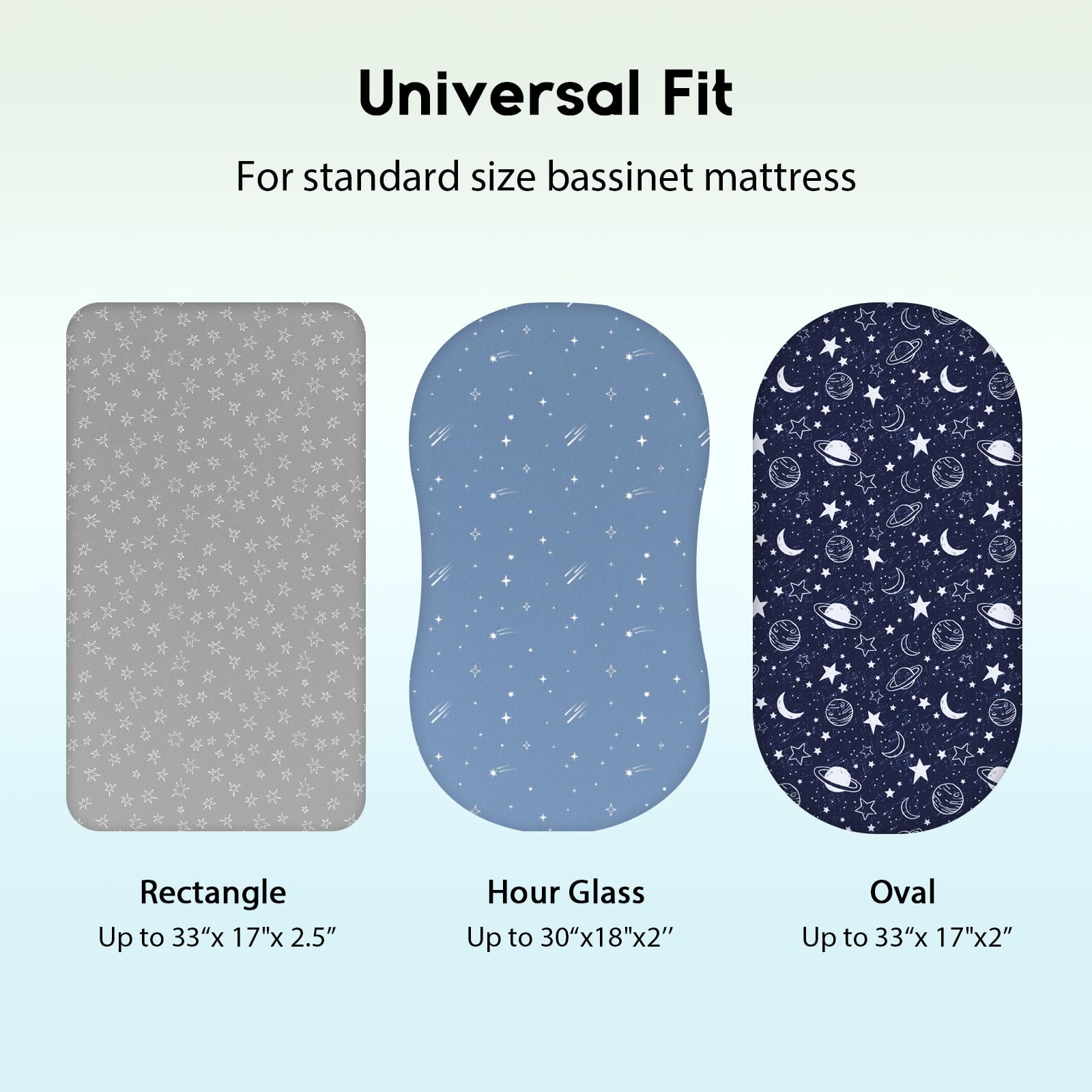 Unnivoll Baby Bassinet Sheets Girl Boy, Fitted Bassinet Sheet Set 3 Pack Bassinet Mattress Sheets Universal Fit for Rectangle, Round, Oval, Hourglass Mattress, Soft Breathable Blue Gray Planet