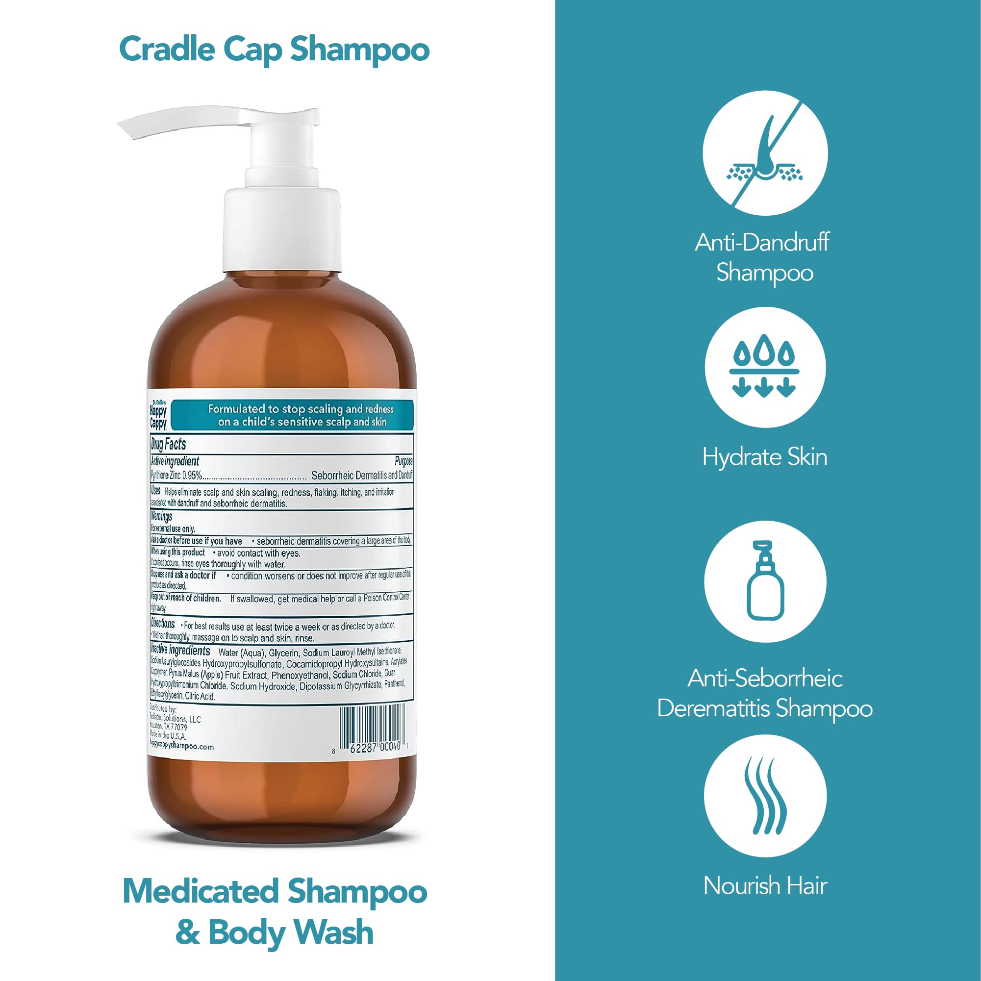 Happy Cappy Dr. Eddie’s Medicated Shampoo and Body Wash- Baby Dandruff Shampoo, Helps Cradle Cap and Seborrheic Dermatitis, Reduces Flakes and Redness, Dermatologist Tested, Fragrance-Free - 8 Fl Oz