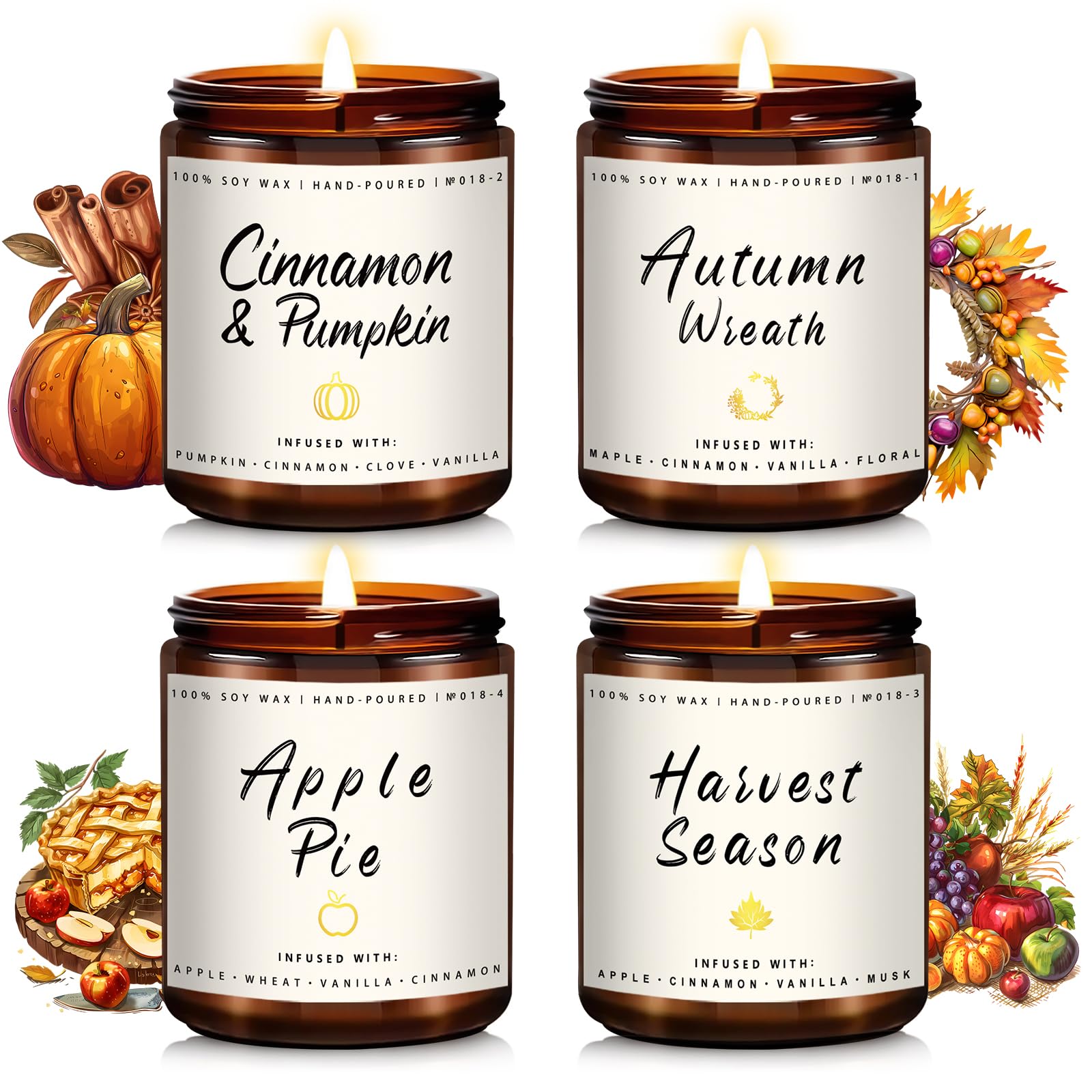 Auelife Fall Candle Set | 4 Pack Scented Candles for Home - Candle Gifts for Women Men, Soy Candles Home Scented | Autumn Fragrance of - Apple Pie/Cinnamon/Harvest/Wreath