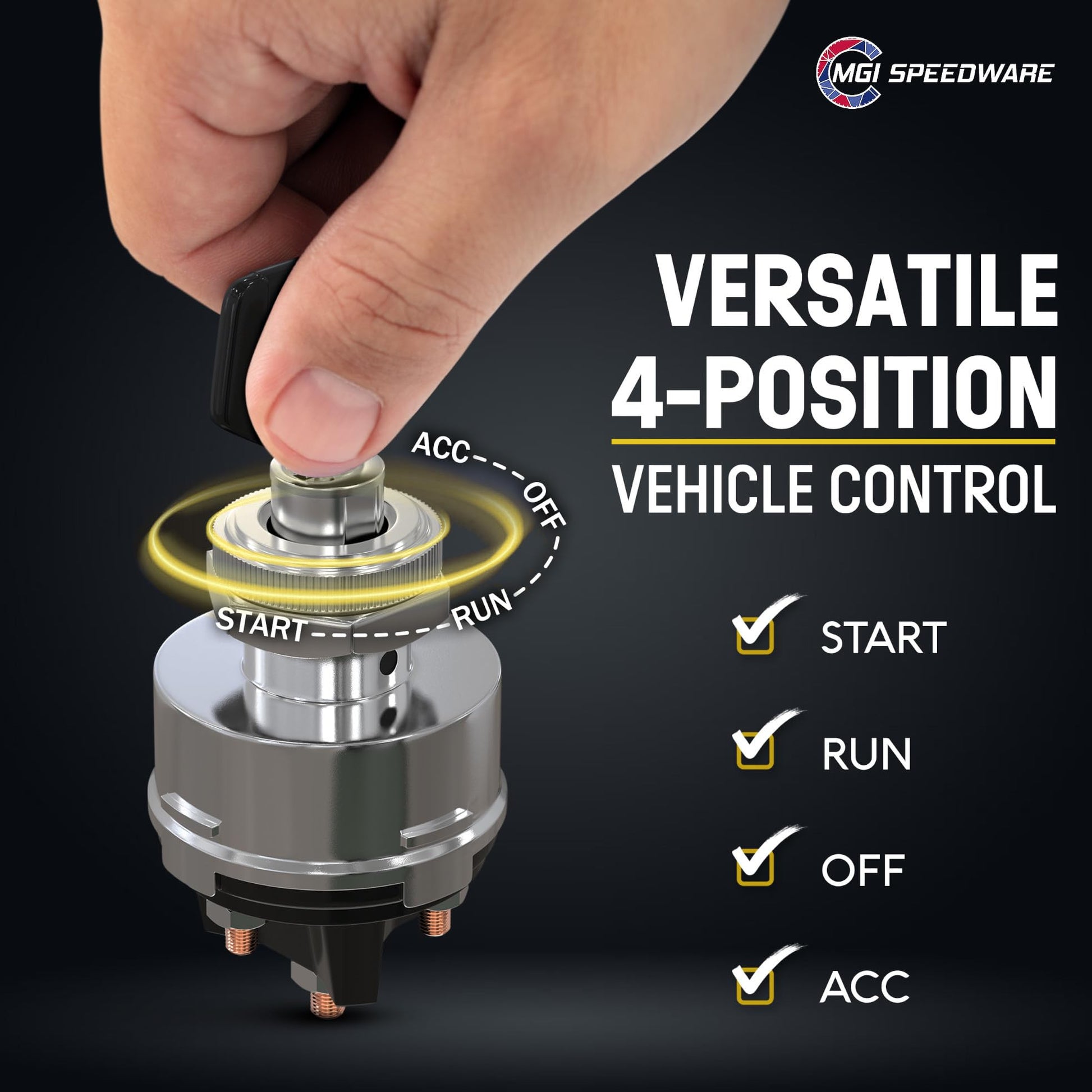 MGI SpeedWare 4-Position Universal Ignition Key Switch for 12V Car, Truck, Tractor, Trailer, Forklift - Acc/Off/IGN/(Start)