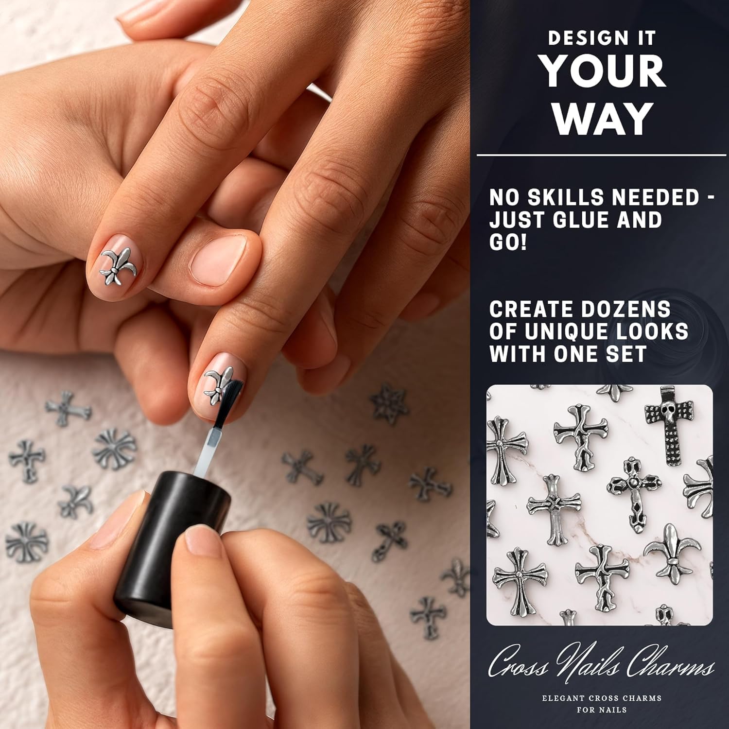 100 Pcs Silver Cross Nail Charms and Gems – 3D Acrylic Cross Charms for Nails for DIY & Professional Manicure – Easy-to-Apply & Durable Nail Decorations, Versatile for Y2K & Nail Studs