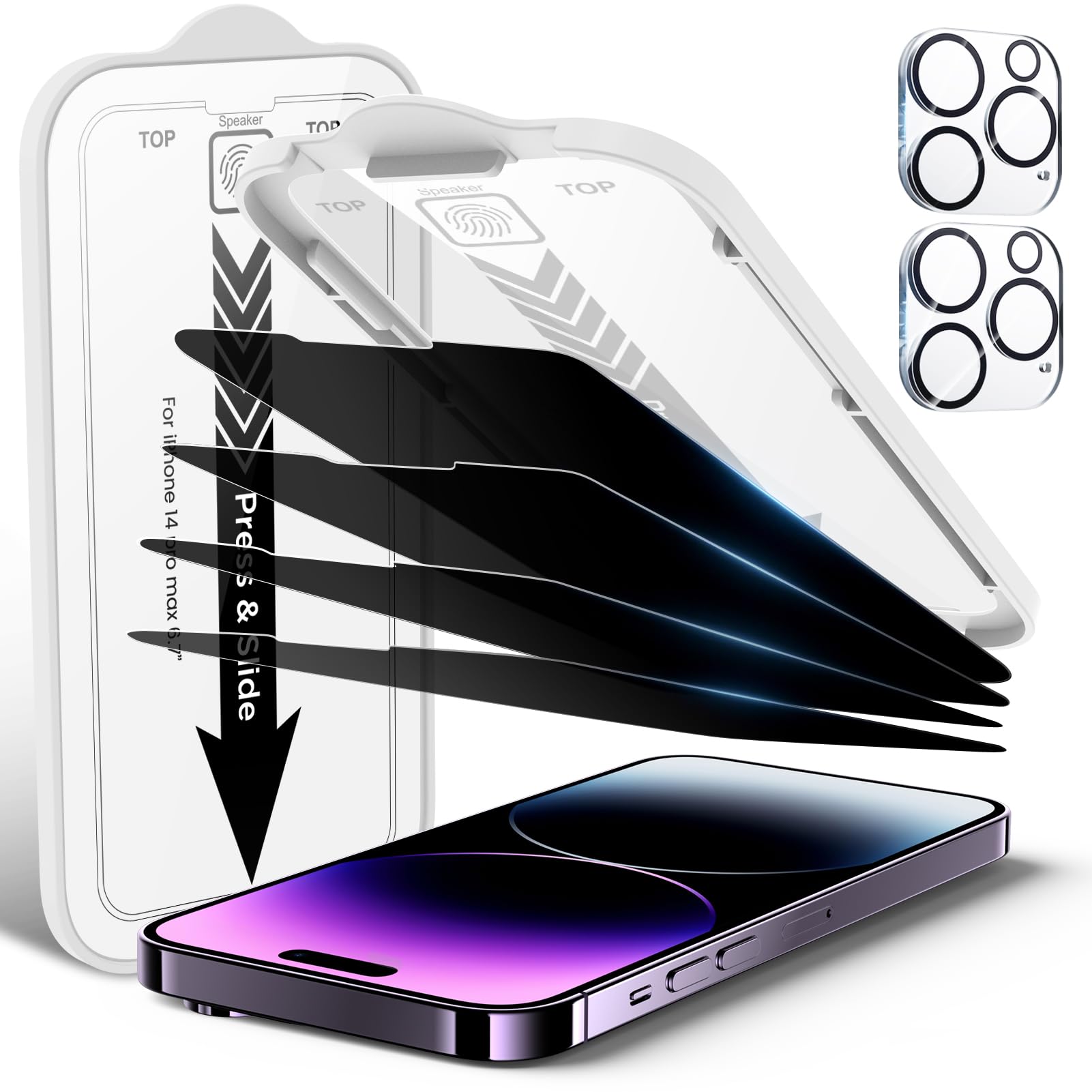 EZ-GLAZ-4 Pack Privacy Screen Protector for iPhone 14 Pro[6.1 inches] With 2 Pack Camera Lens Protector, [Drop Protection] 9H Hardness Scratch Resistant Tempered Glass Film, Easy to install