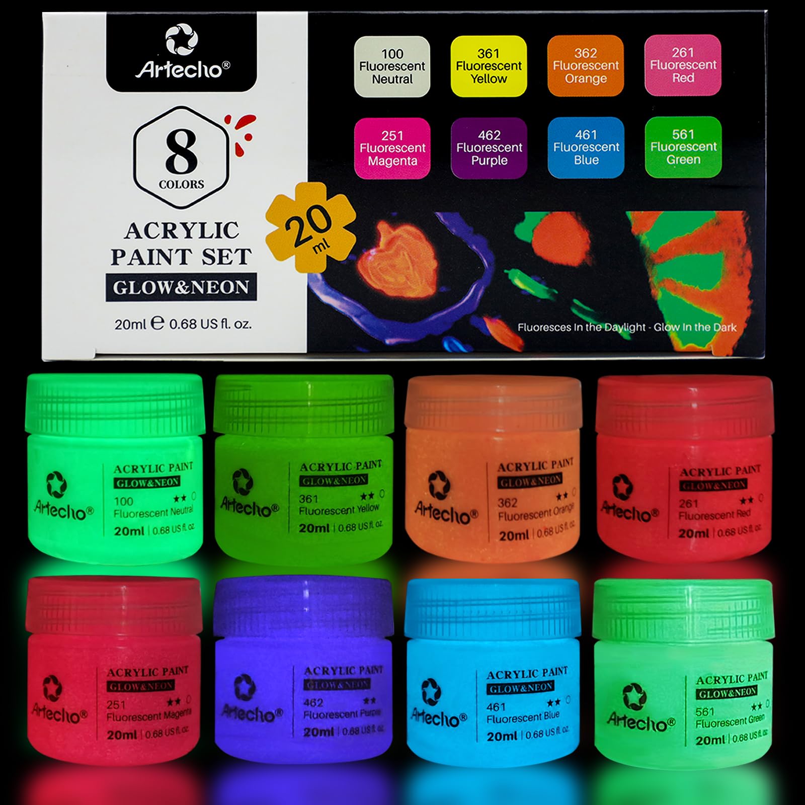 Artecho Glow in the Dark Paint 8 Colors, 20 ml / 0.7 oz Acrylic Paint for Decoration, Art Painting, Outdoor and Indoor Art Craft, Supplies for Canvas, Rock, Wood, Waterproof Rich Pigments