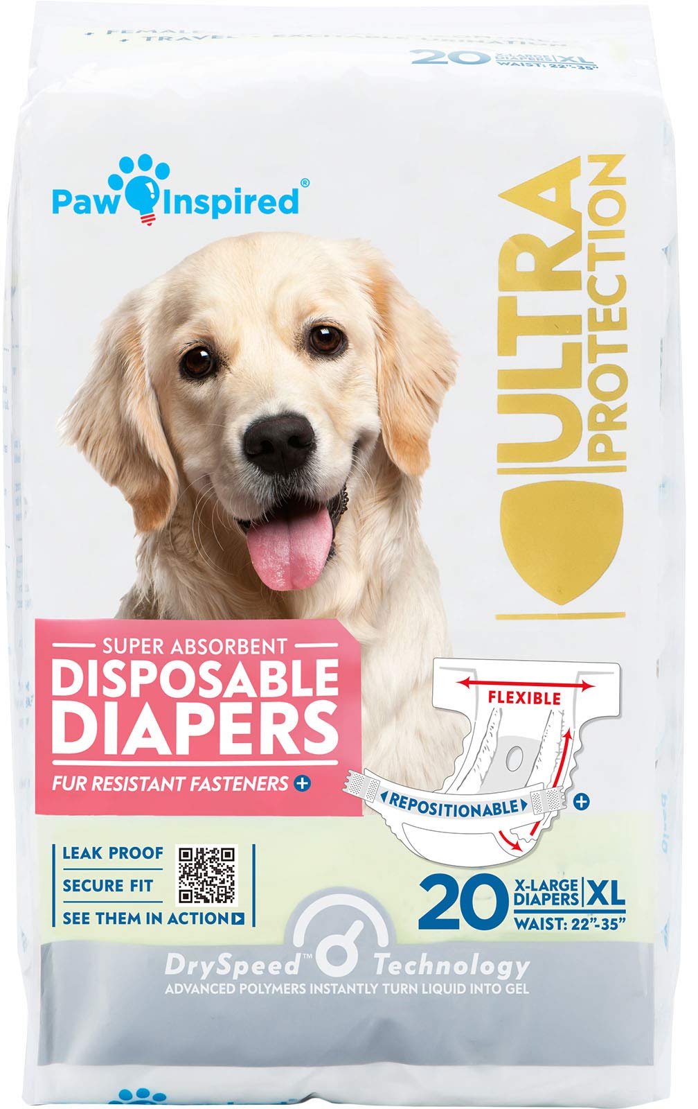 Paw Inspired 32ct Disposable Dog Diapers | Female Dog Diapers Ultra Protection | Diapers for Dogs in Heat, Excitable Urination, or Incontinence (Medium)