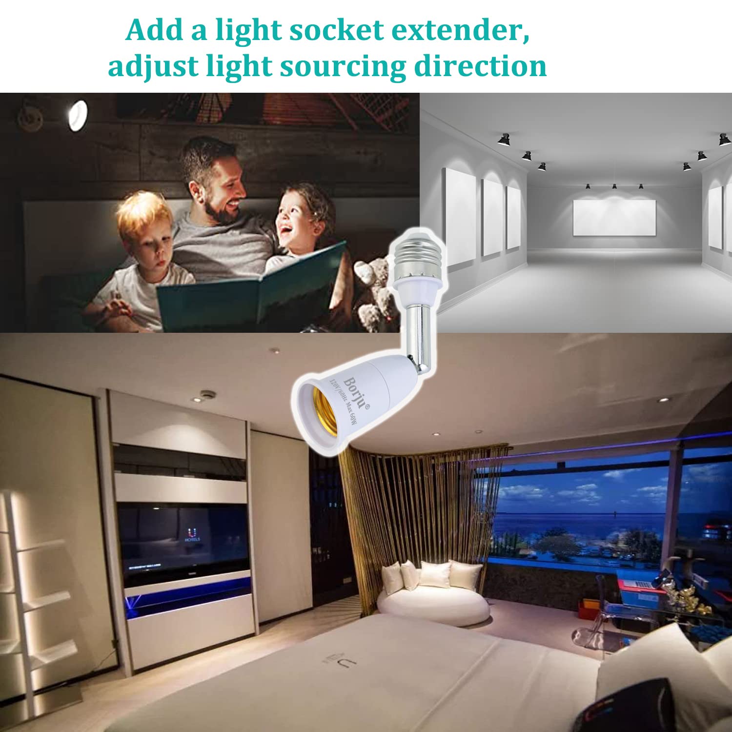Borju Light Socket Extender [2-Pack], 4.5 Inch Extension, 360° Adjustable Socket, White