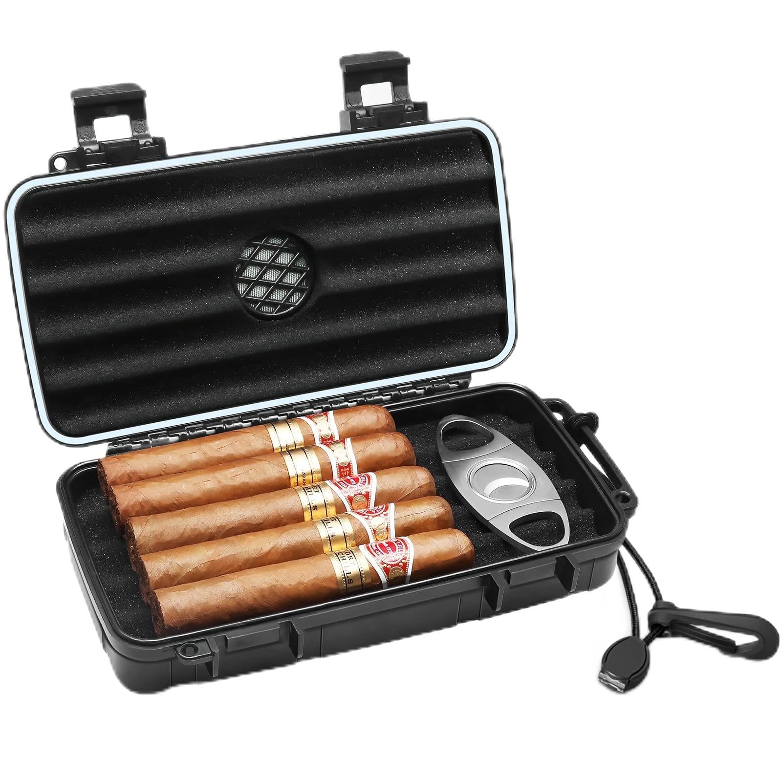Flauno Travel Cigar Humidor Case - Portable Cigar Box with Humidifier Disc & Cigar Cutter | Waterproof | Crushproof | Airtight | Durable (Holds up to 5 Cigars)