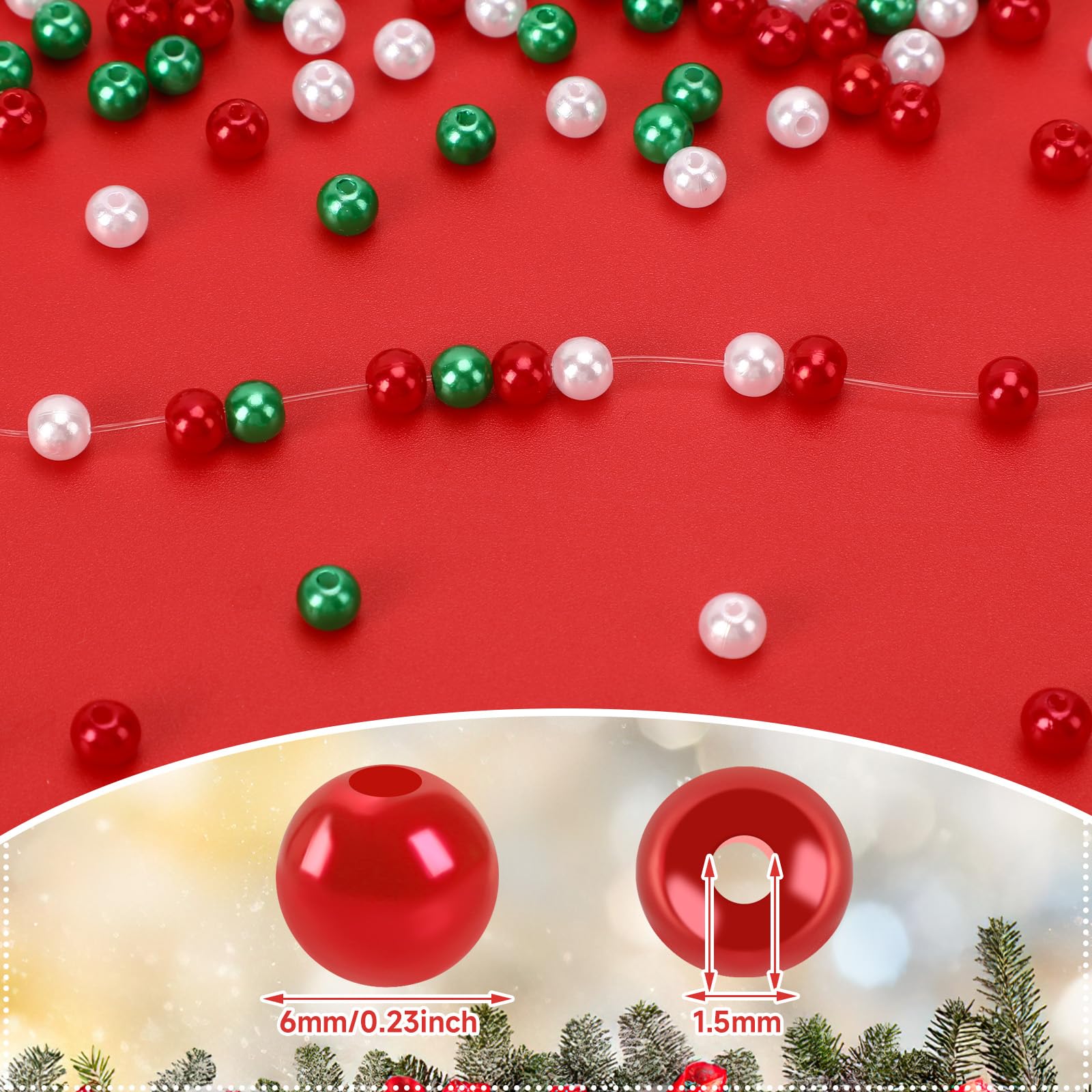 UPINS 1200Pcs Christmas Pearl Beads, Red Green and White Beads Xmas Holiday Party Decoration Necklace Earrings Hair 6mm Beads DIY Ornament Kit